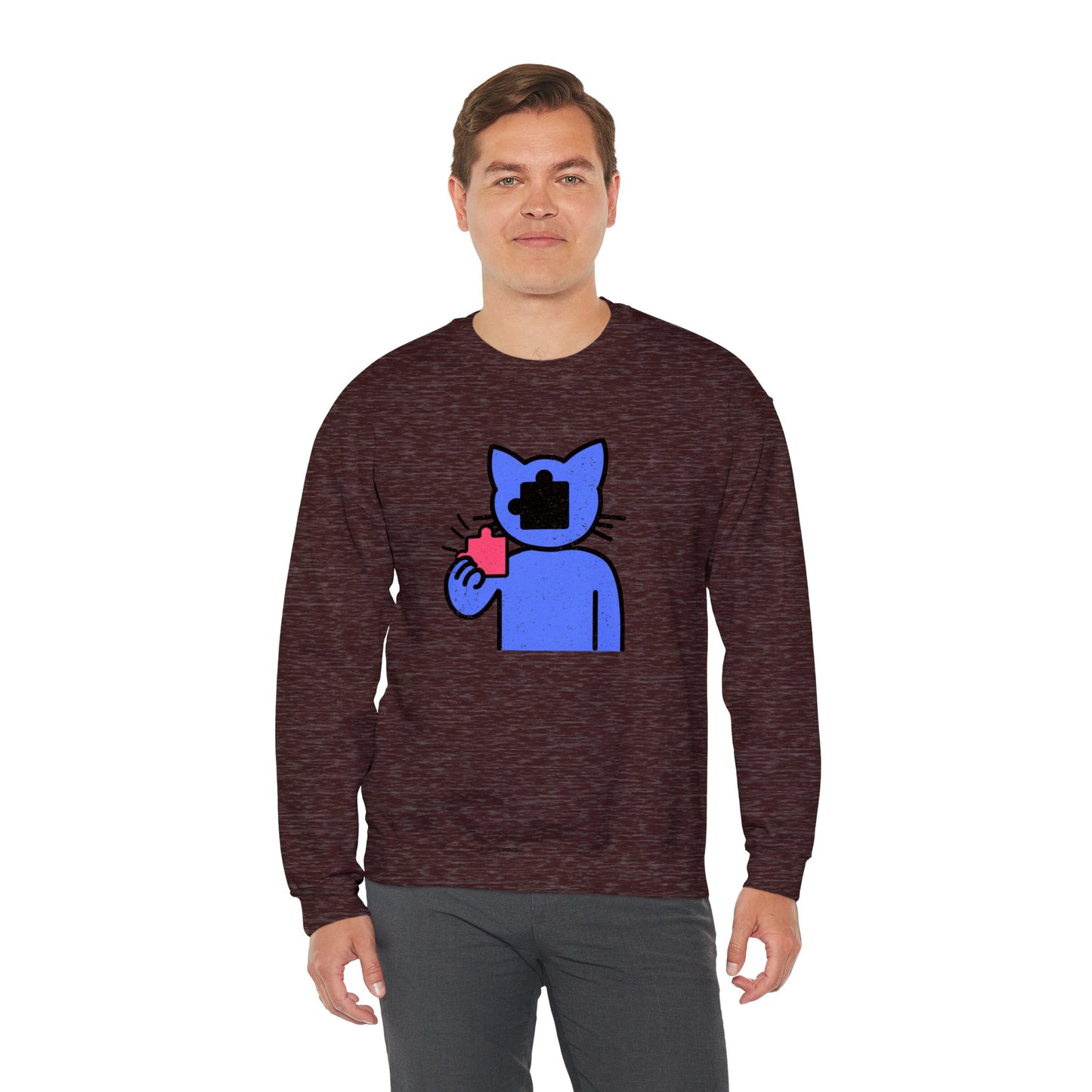 Cat Puzzle Piece Sweatshirt – Distressed Graphic Crewneck – Cozy Unisex Fleece for Life’s Puzzle Lovers