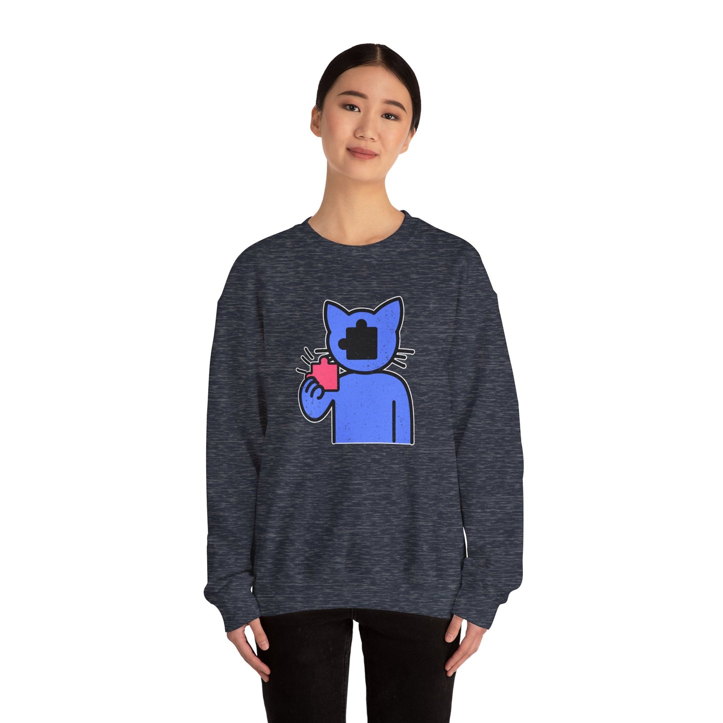 Cat Puzzle Piece Sweatshirt – Distressed Graphic Crewneck – Cozy Unisex Fleece for Life’s Puzzle Lovers