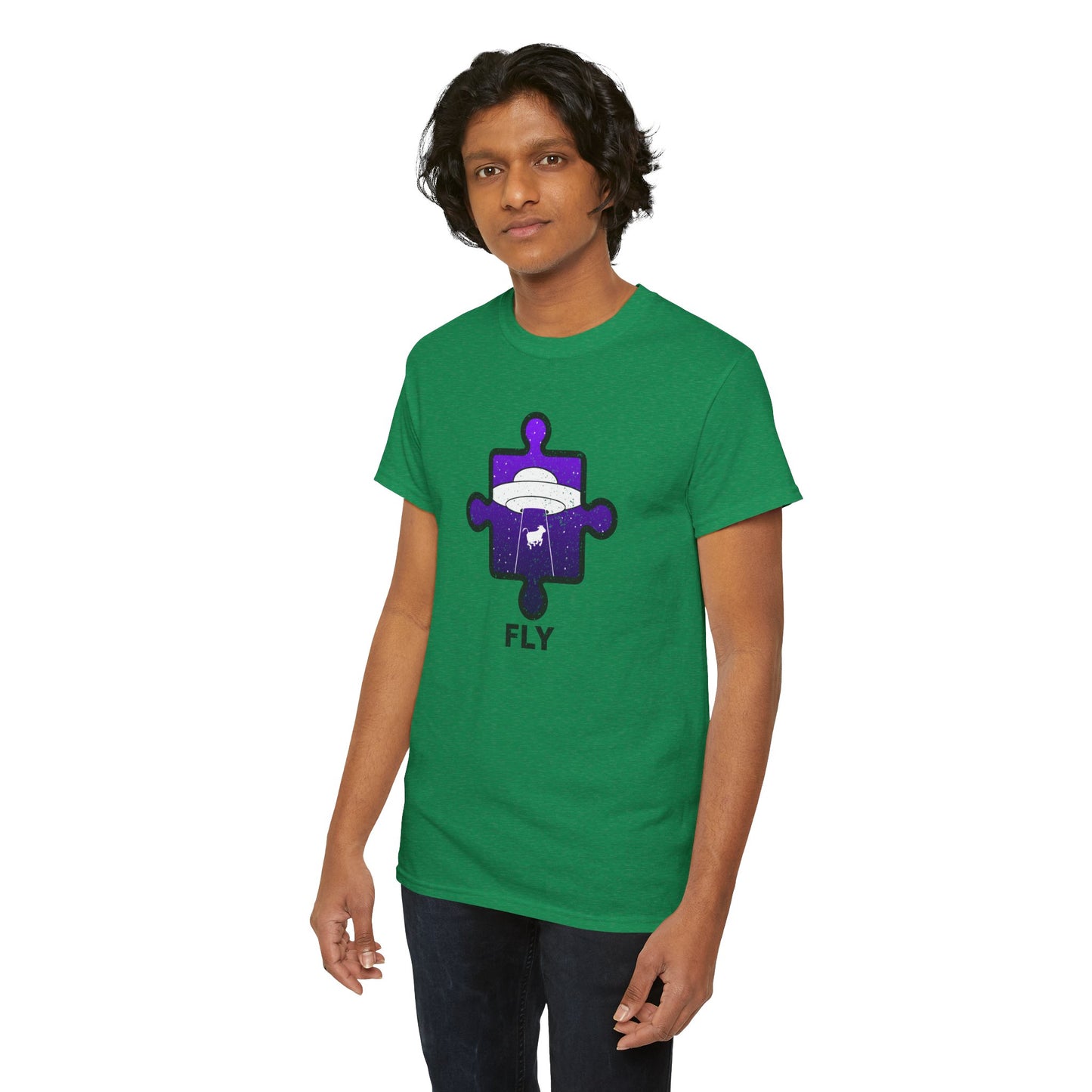 UFO Cow Abduction T-Shirt – ‘Fly’ Puzzle Piece Graphic Tee – Unisex Heavy Cotton Shirt Distressed Design