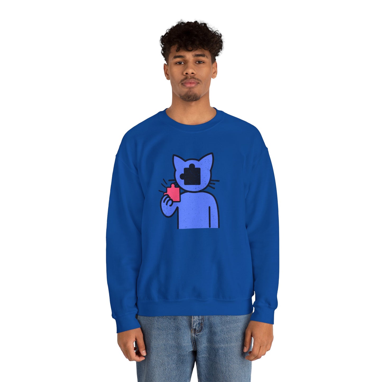 Cat Puzzle Piece Sweatshirt – Distressed Graphic Crewneck – Cozy Unisex Fleece for Life’s Puzzle Lovers