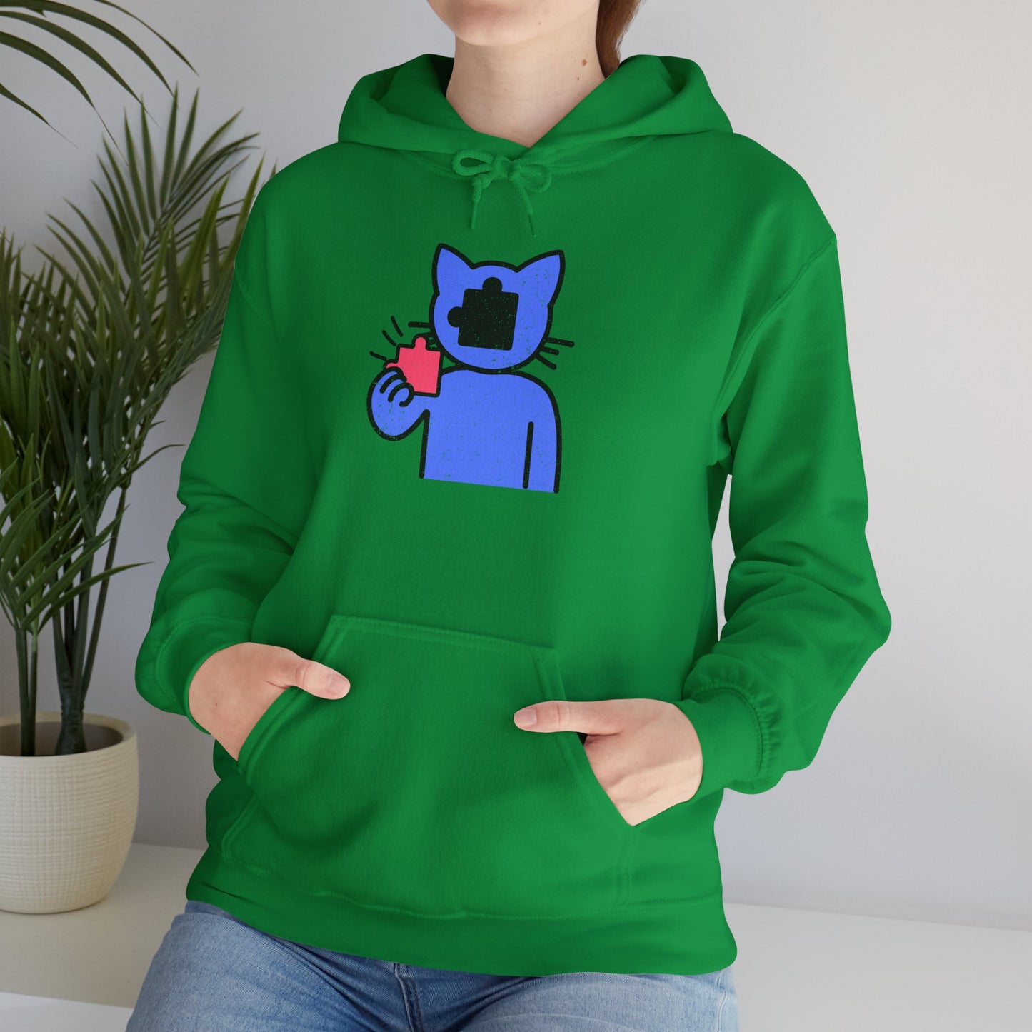Cat Puzzle Piece Hoodie – Distressed Graphic Pullover – Cozy Unisex Hooded Sweatshirt for Puzzle Lovers