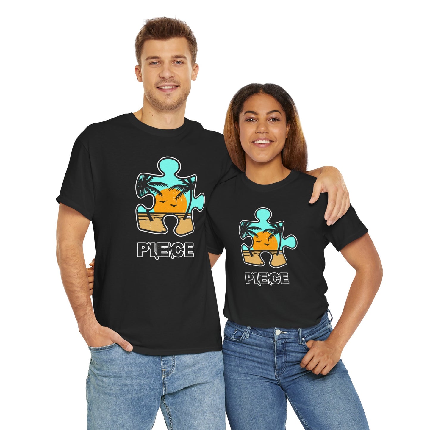Peace Puzzle Piece T-Shirt – Distressed Beach Graphic Tee – Unisex Heavy Cotton Shirt for Tranquil Vibes