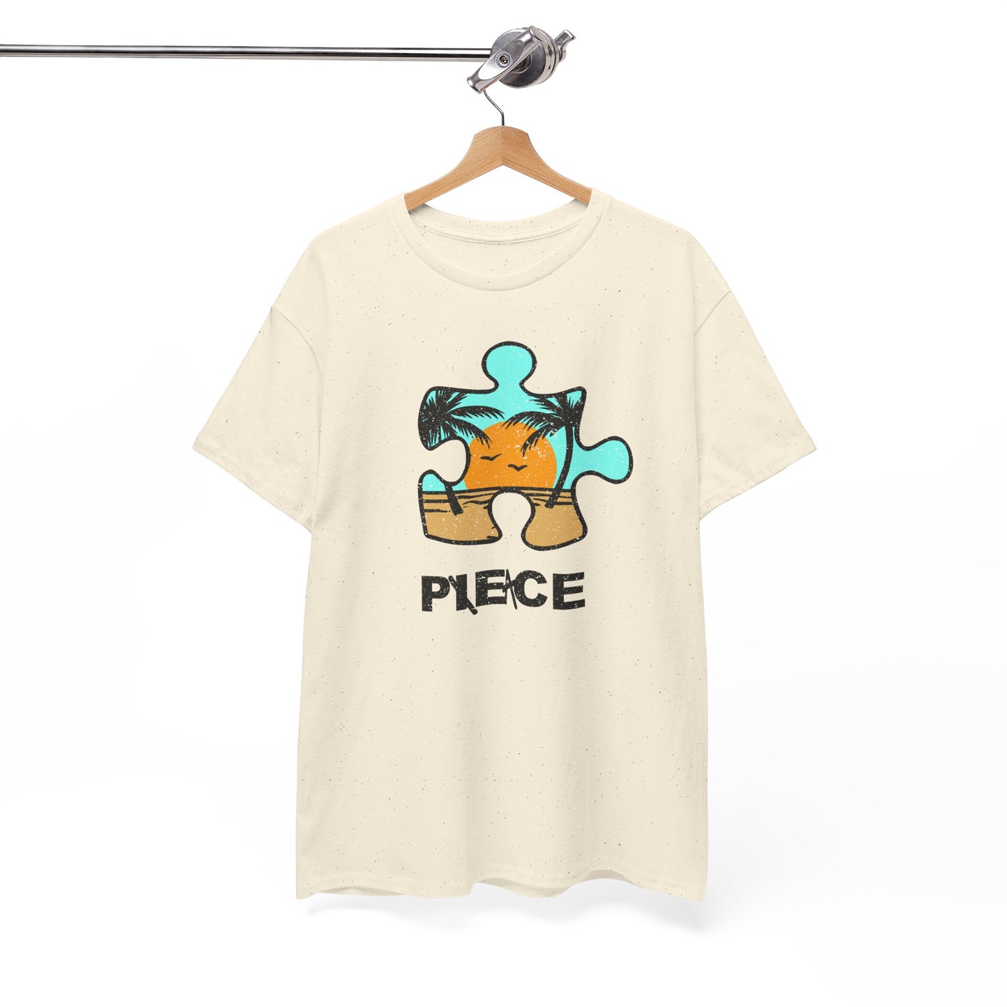 Peace Puzzle Piece T-Shirt – Distressed Beach Graphic Tee – Unisex Heavy Cotton Shirt for Tranquil Vibes