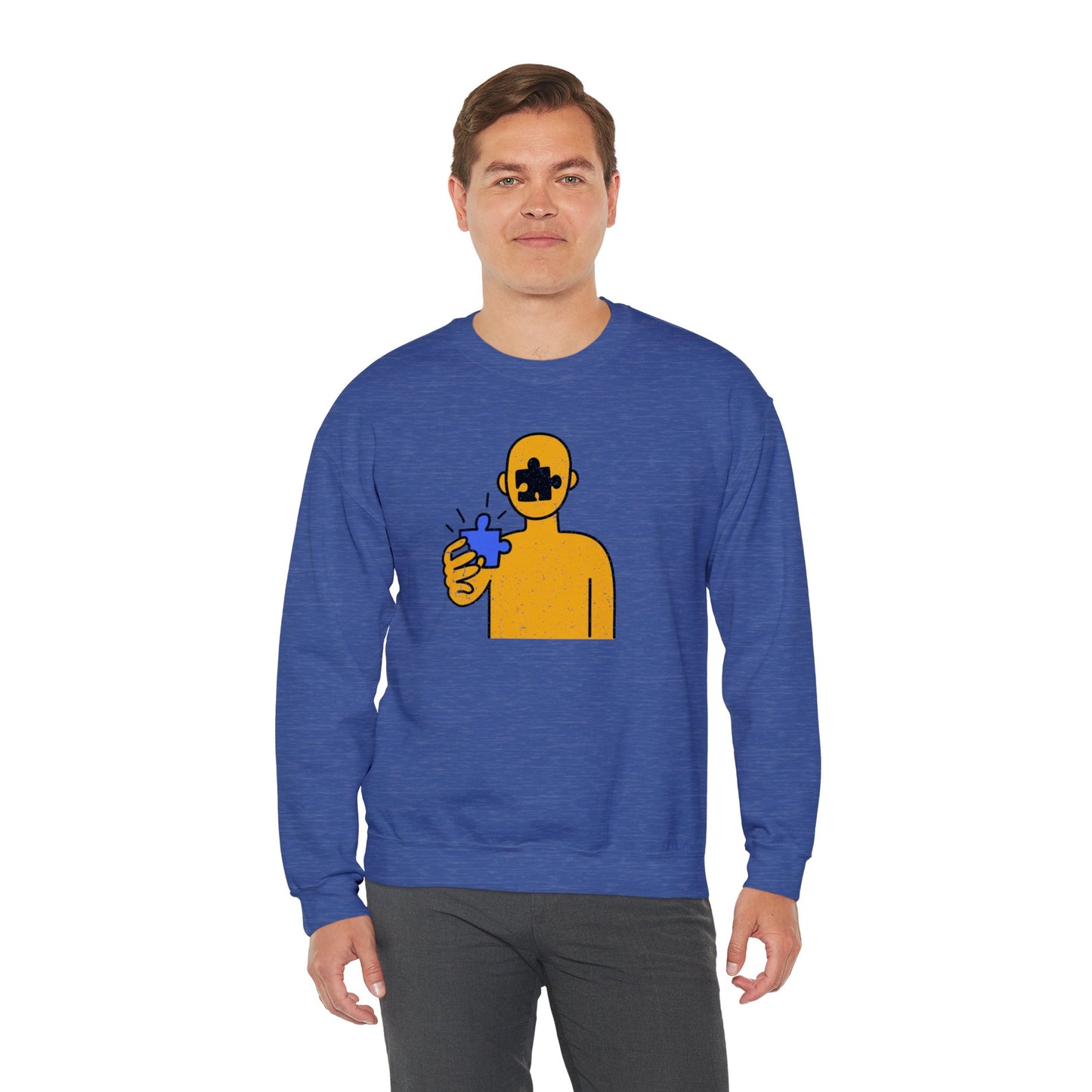 Distressed Crewneck Sweatshirt – Thoughtful Puzzle Piece Design with Human Theme