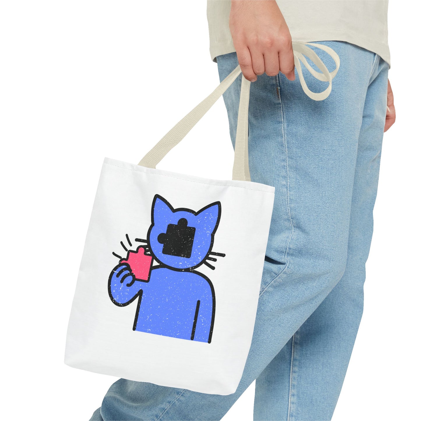 Distressed Tote Bag – Cat Puzzle Piece & Throne Design with ‘Rule’ Theme