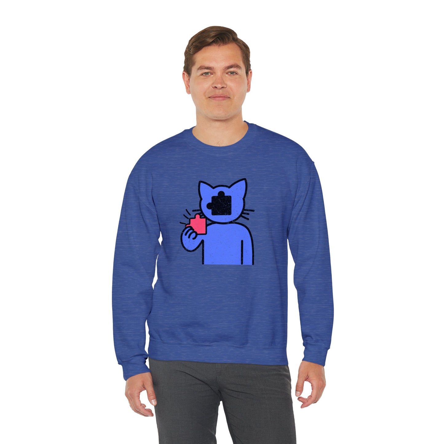 Cat Puzzle Piece Sweatshirt – Distressed Graphic Crewneck – Cozy Unisex Fleece for Life’s Puzzle Lovers