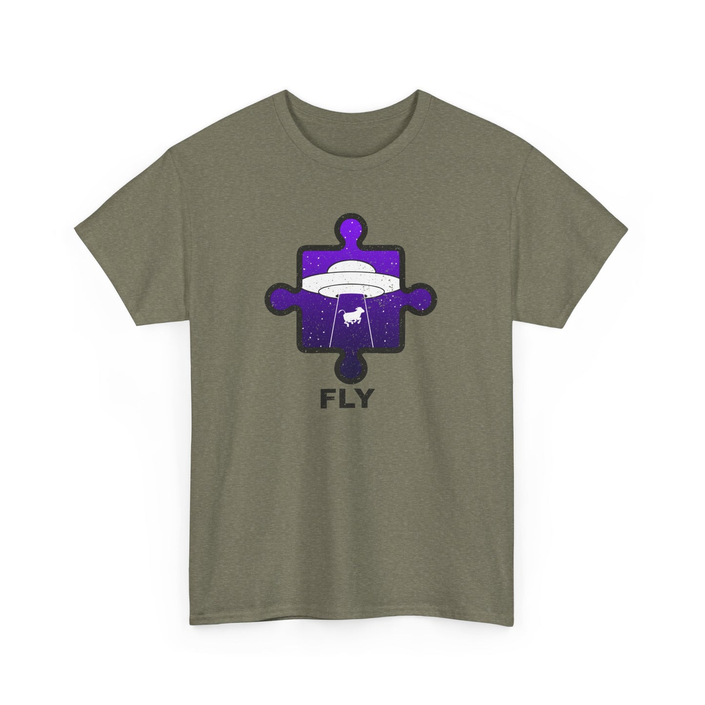 UFO Cow Abduction T-Shirt – ‘Fly’ Puzzle Piece Graphic Tee – Unisex Heavy Cotton Shirt Distressed Design