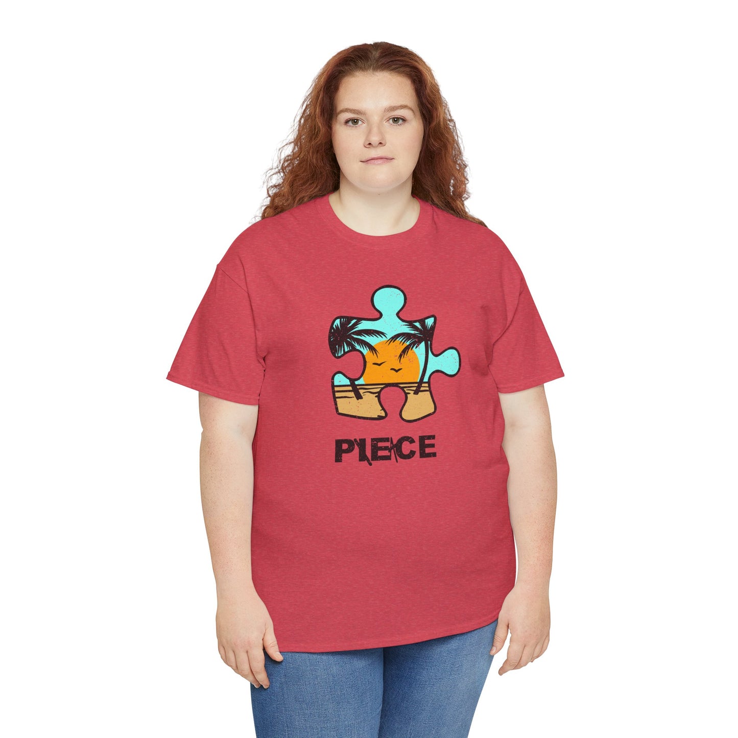 Peace Puzzle Piece T-Shirt – Distressed Beach Graphic Tee – Unisex Heavy Cotton Shirt for Tranquil Vibes