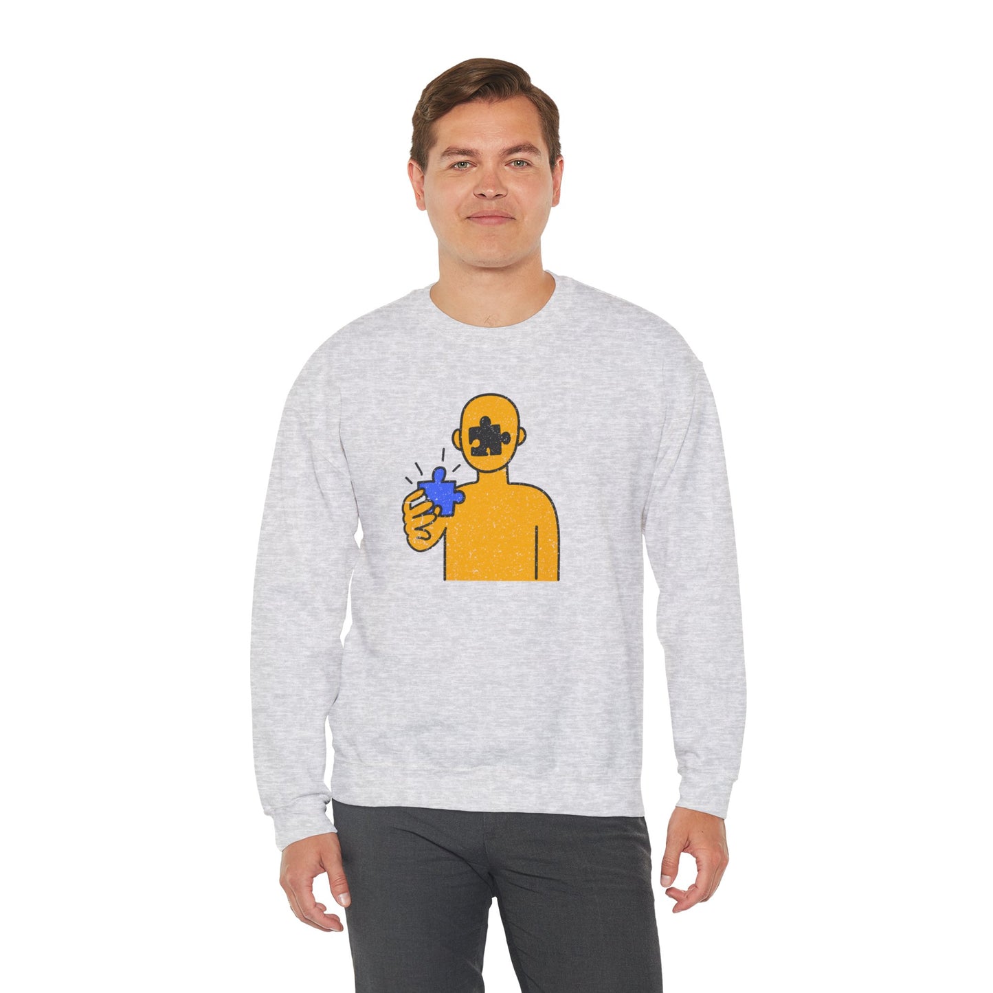 Distressed Crewneck Sweatshirt – Thoughtful Puzzle Piece Design with Human Theme