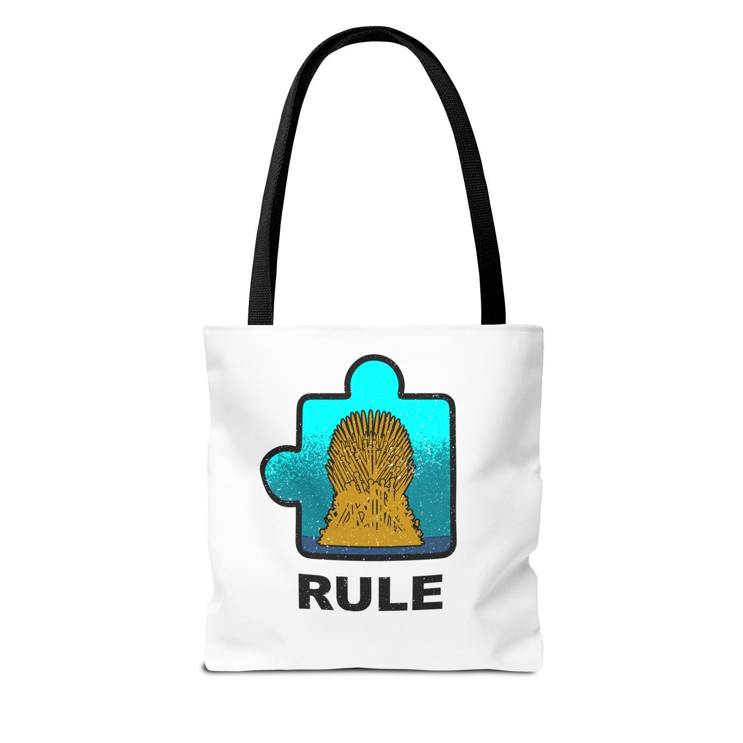 Distressed Tote Bag – Cat Puzzle Piece & Throne Design with ‘Rule’ Theme