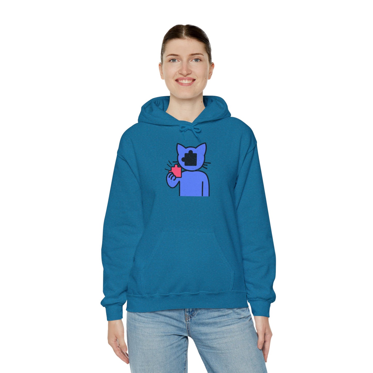 Cat Puzzle Piece Hoodie – Distressed Graphic Pullover – Cozy Unisex Hooded Sweatshirt for Puzzle Lovers