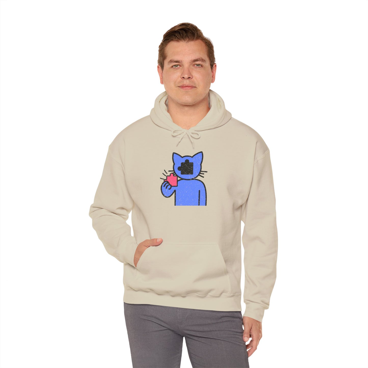Cat Puzzle Piece Hoodie – Distressed Graphic Pullover – Cozy Unisex Hooded Sweatshirt for Puzzle Lovers