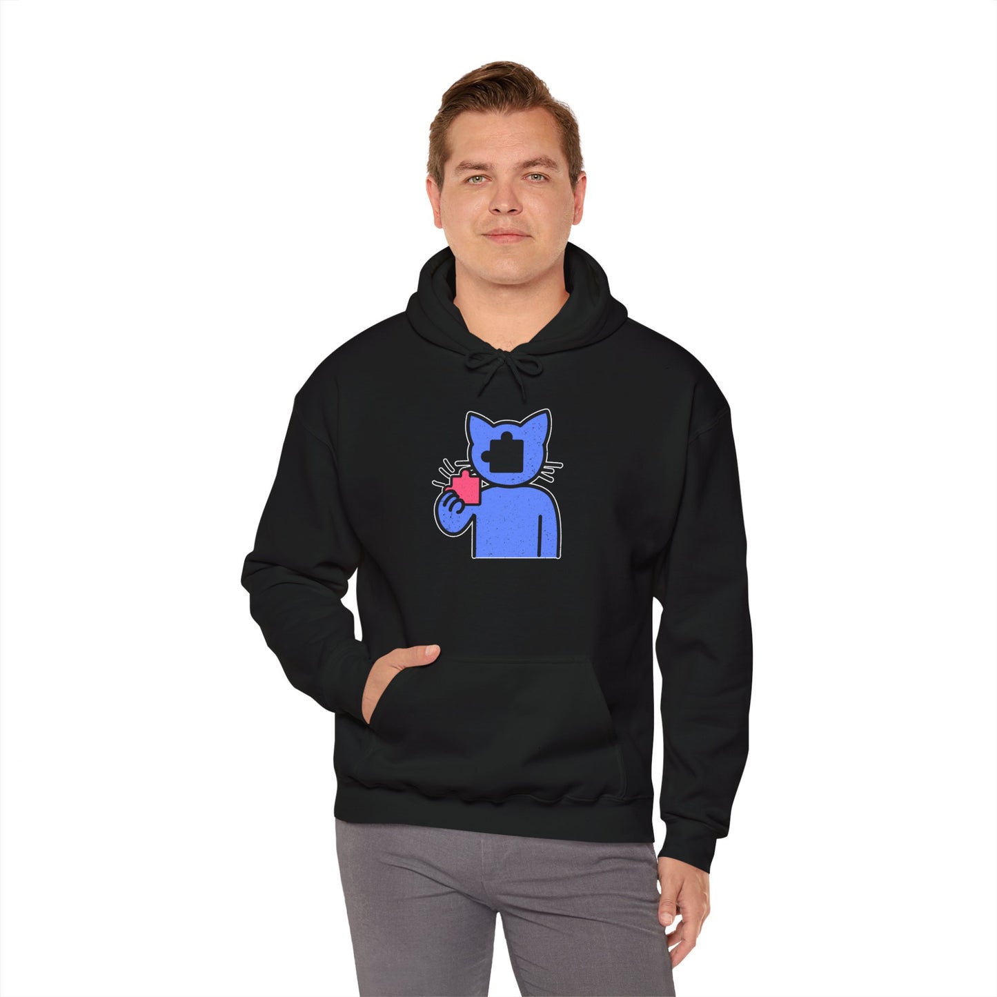 Cat Puzzle Piece Hoodie – Distressed Graphic Pullover – Cozy Unisex Hooded Sweatshirt for Puzzle Lovers