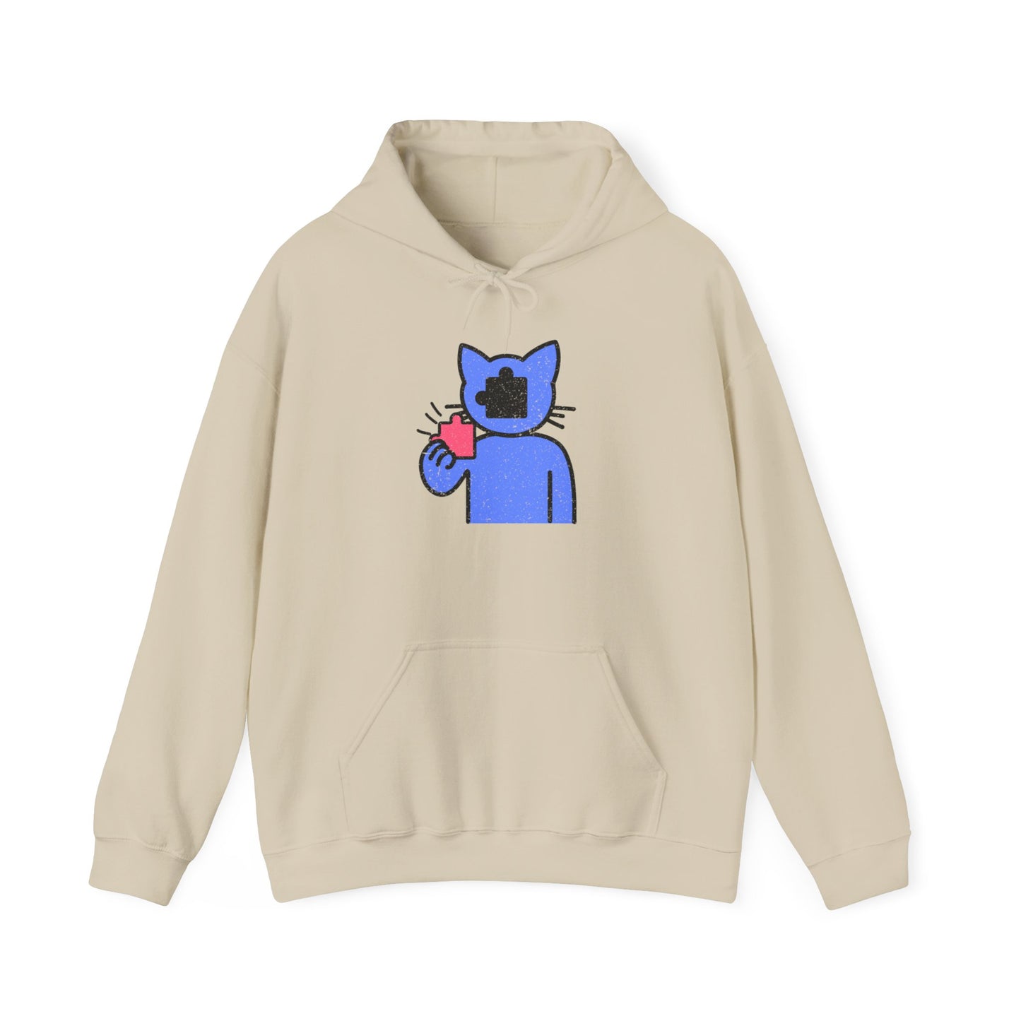 Cat Puzzle Piece Hoodie – Distressed Graphic Pullover – Cozy Unisex Hooded Sweatshirt for Puzzle Lovers