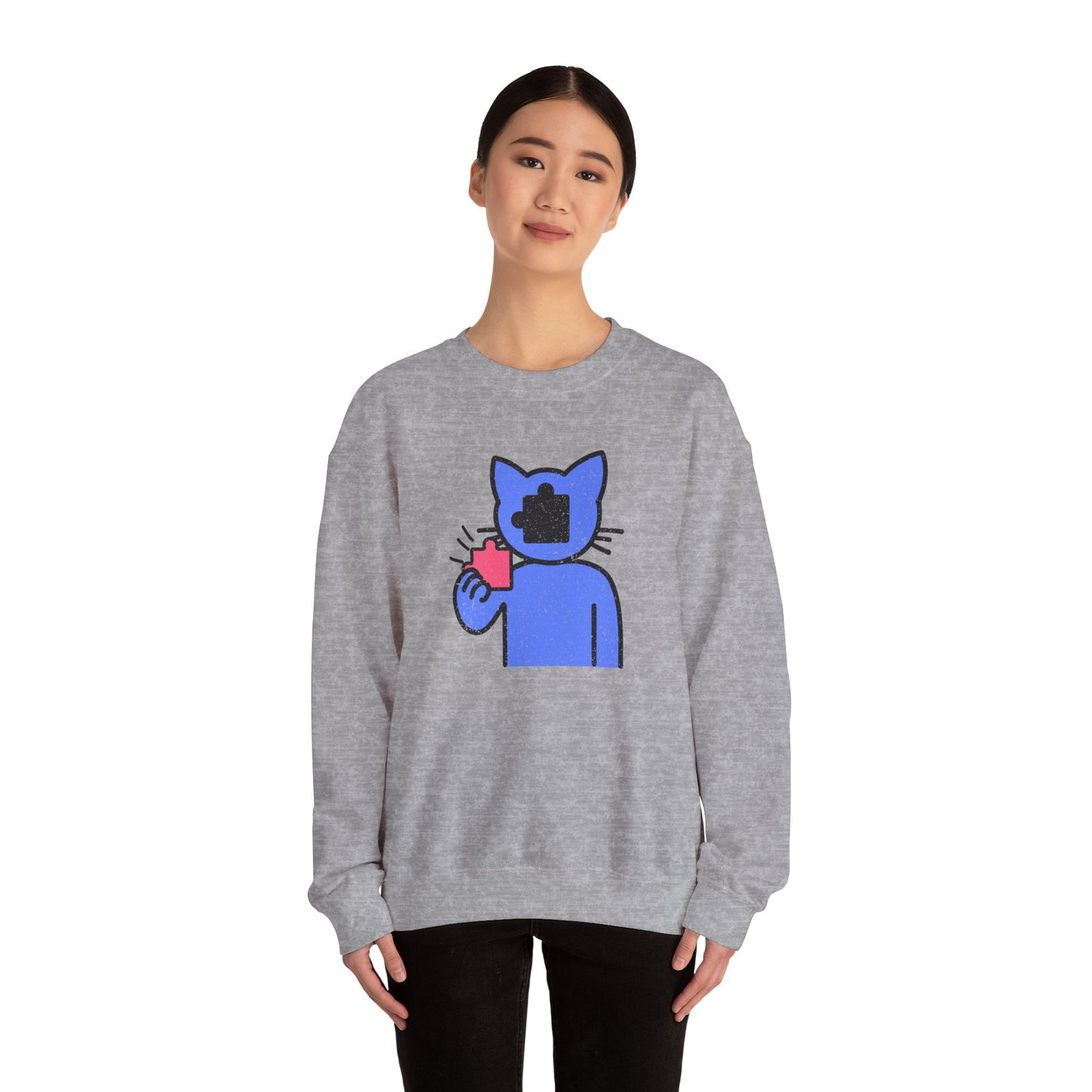 Cat Puzzle Piece Sweatshirt – Distressed Graphic Crewneck – Cozy Unisex Fleece for Life’s Puzzle Lovers