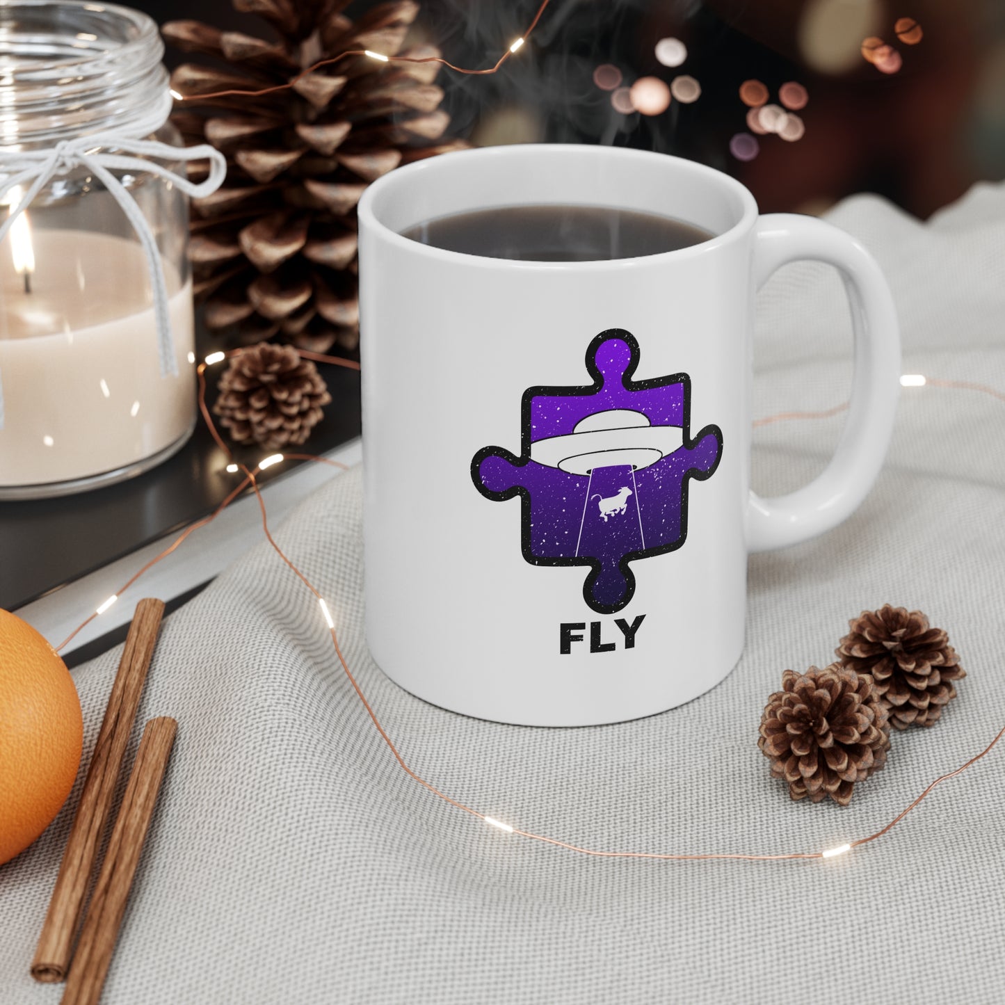 UFO Cow Abduction Mug – ‘Fly’ Puzzle Piece Graphic – 11oz Ceramic Cup Distressed Style