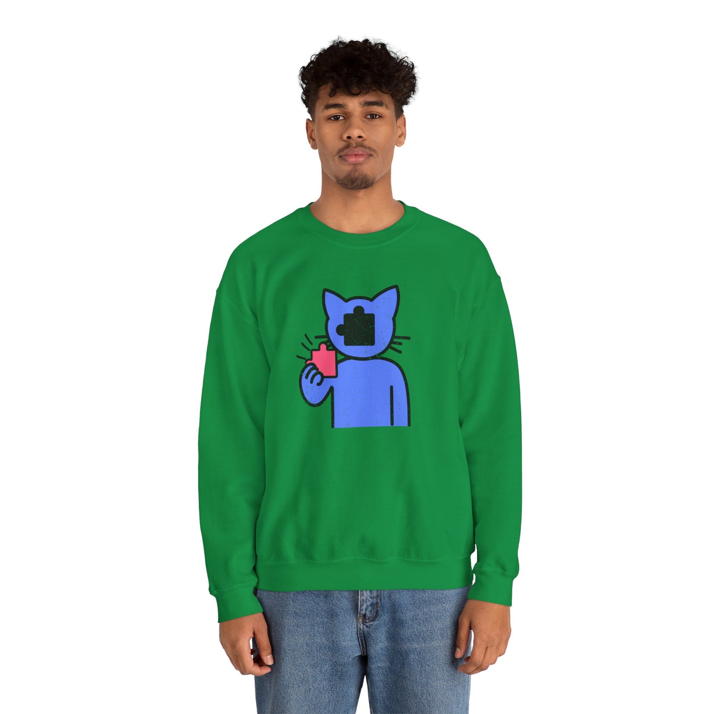 Cat Puzzle Piece Sweatshirt – Distressed Graphic Crewneck – Cozy Unisex Fleece for Life’s Puzzle Lovers