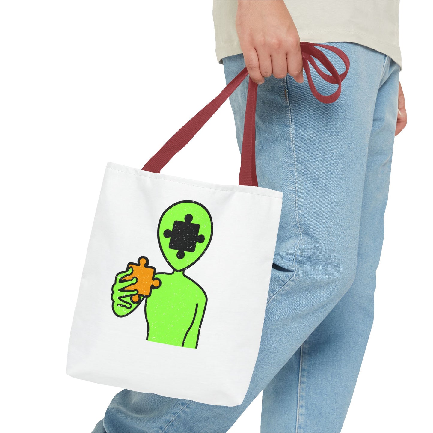 Distressed Tote Bag – Alien Puzzle Piece & Cow Abduction Design with ‘Fly’ Theme