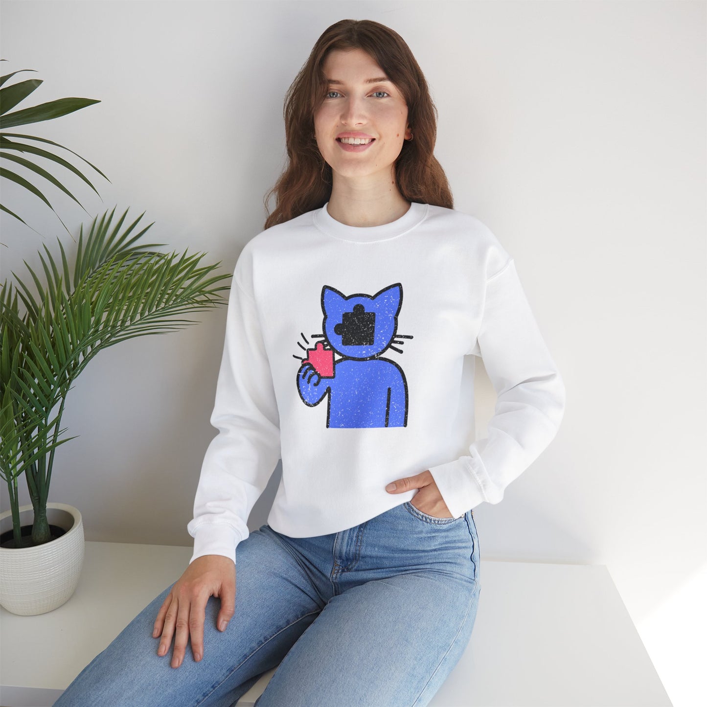 Cat Puzzle Piece Sweatshirt – Distressed Graphic Crewneck – Cozy Unisex Fleece for Life’s Puzzle Lovers