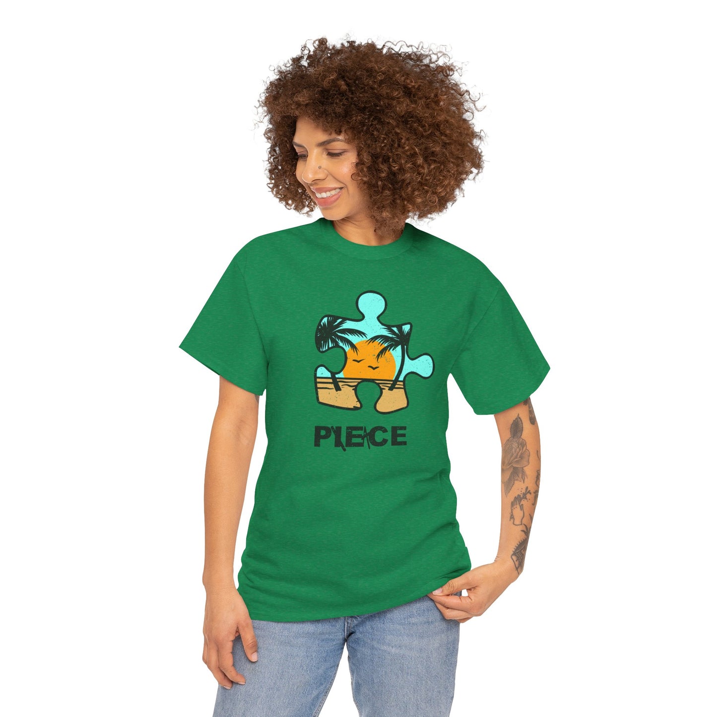 Peace Puzzle Piece T-Shirt – Distressed Beach Graphic Tee – Unisex Heavy Cotton Shirt for Tranquil Vibes