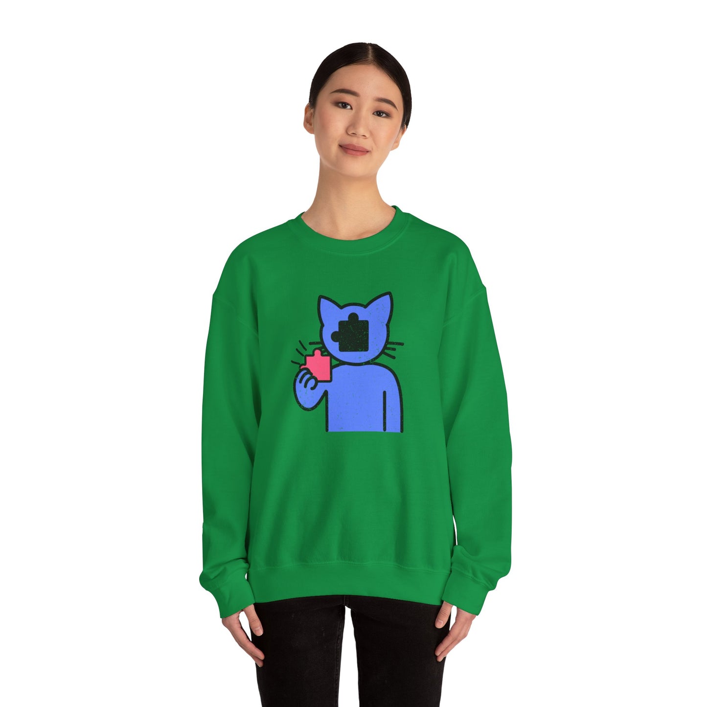 Cat Puzzle Piece Sweatshirt – Distressed Graphic Crewneck – Cozy Unisex Fleece for Life’s Puzzle Lovers