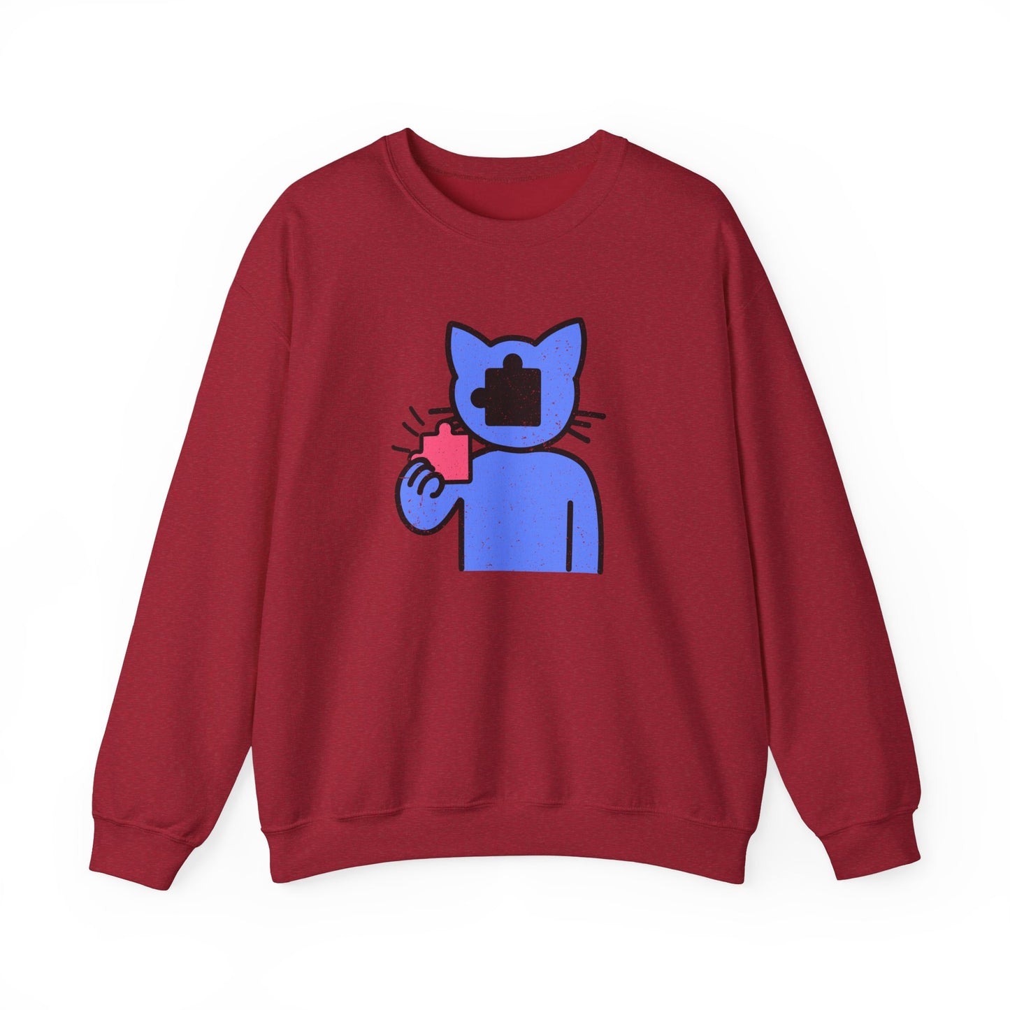 Cat Puzzle Piece Sweatshirt – Distressed Graphic Crewneck – Cozy Unisex Fleece for Life’s Puzzle Lovers