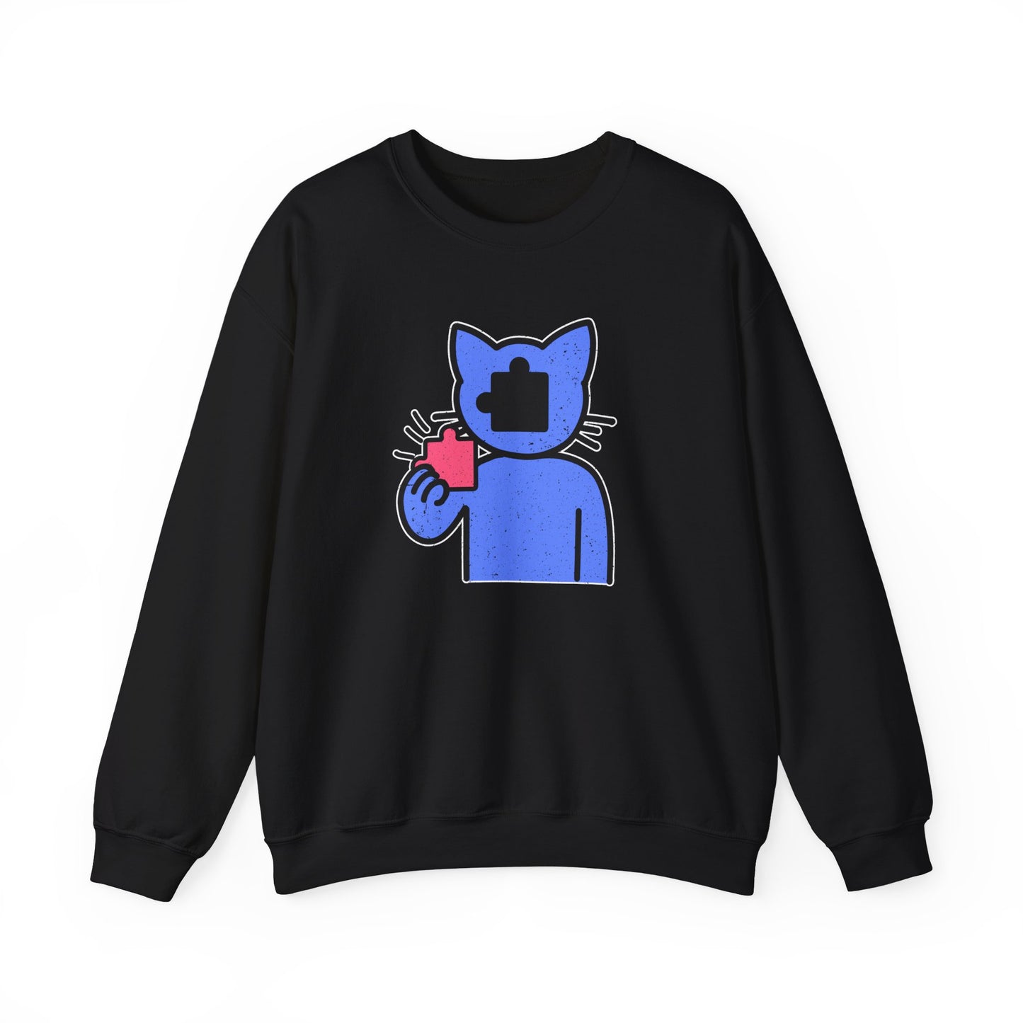Cat Puzzle Piece Sweatshirt – Distressed Graphic Crewneck – Cozy Unisex Fleece for Life’s Puzzle Lovers