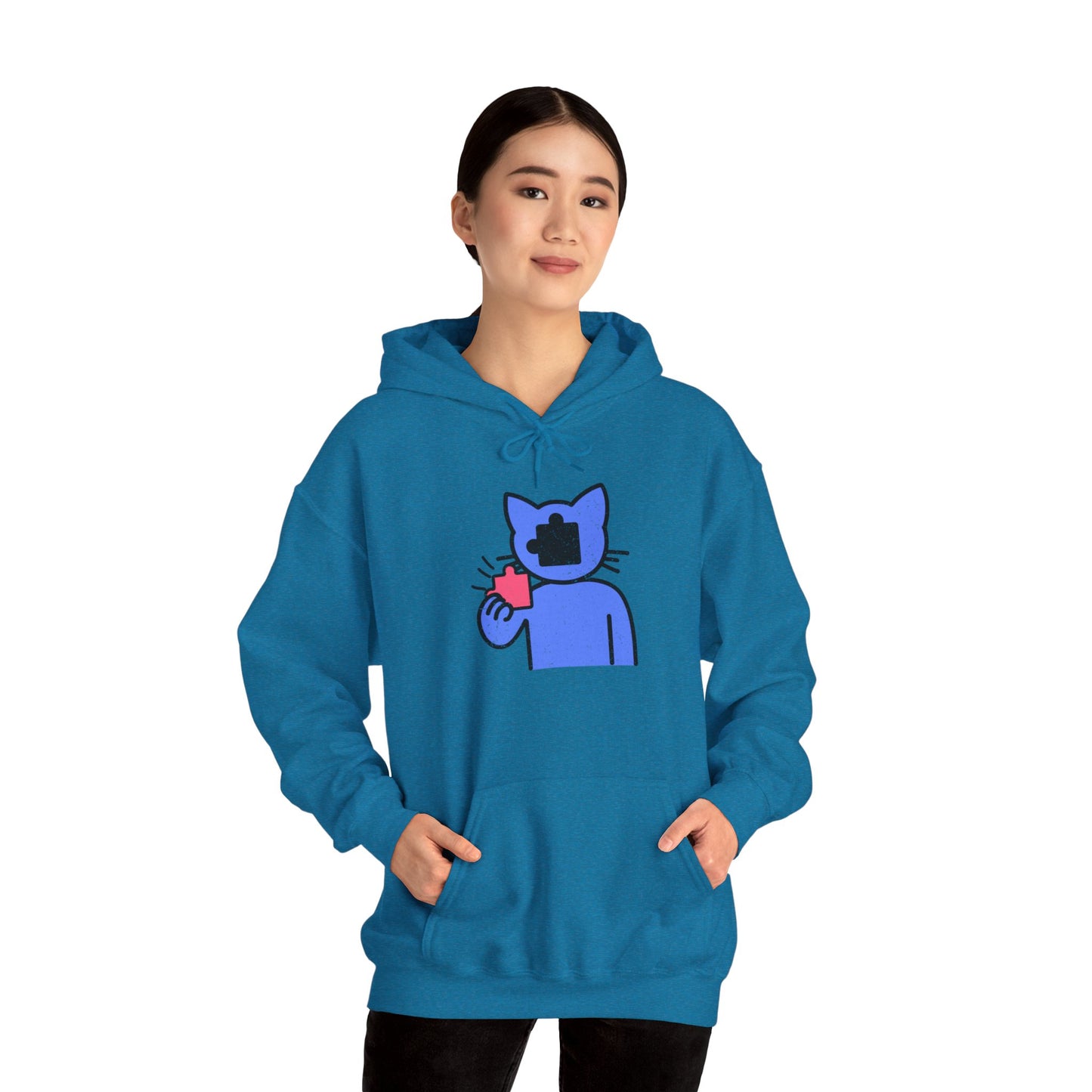 Cat Puzzle Piece Hoodie – Distressed Graphic Pullover – Cozy Unisex Hooded Sweatshirt for Puzzle Lovers
