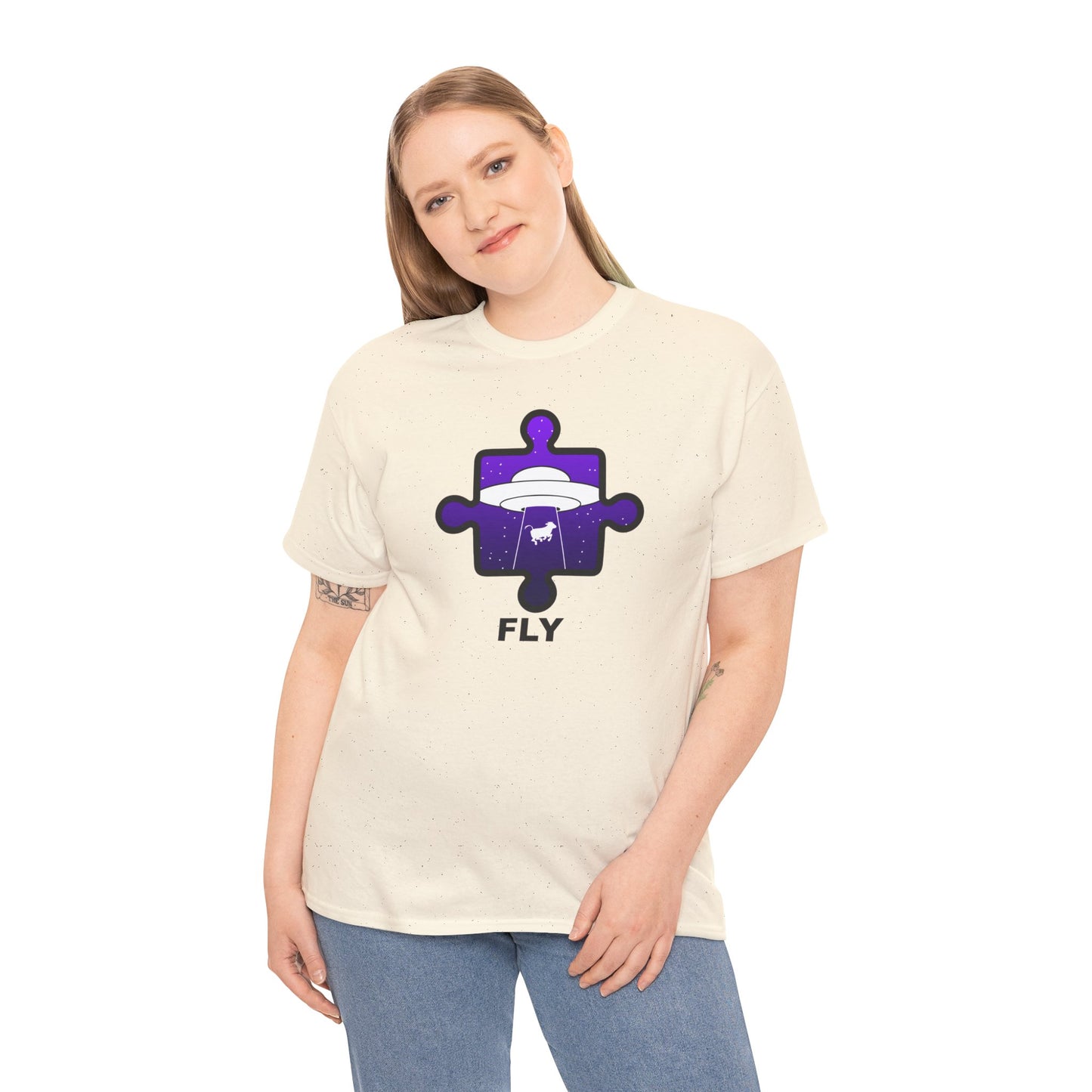 UFO Cow Abduction Puzzle Piece T-Shirt – ‘Fly’ Graphic Tee – Non-Distressed Design
