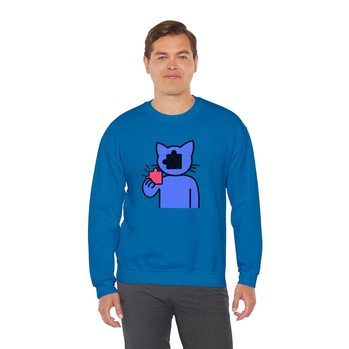 Cat Puzzle Piece Sweatshirt – Distressed Graphic Crewneck – Cozy Unisex Fleece for Life’s Puzzle Lovers