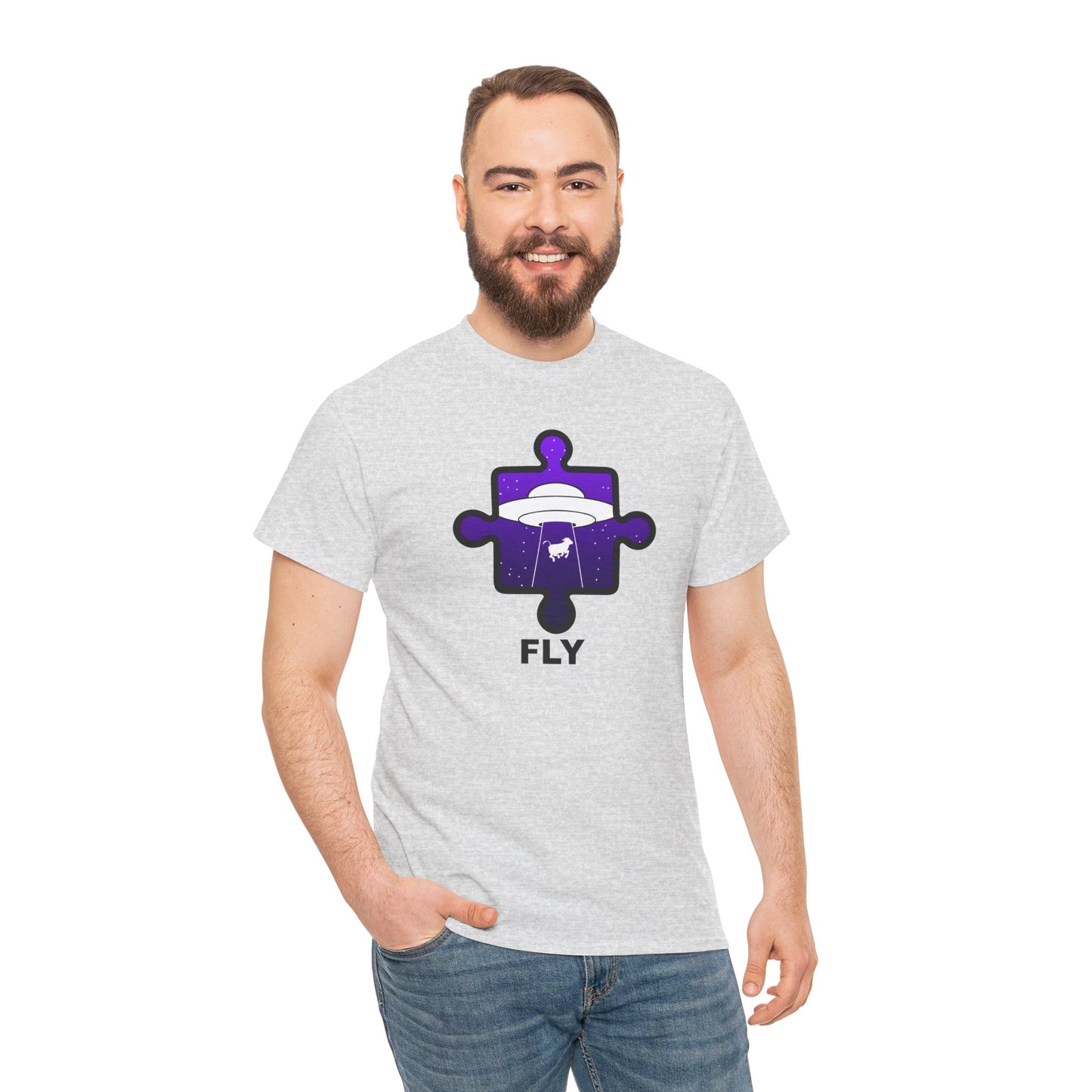 UFO Cow Abduction Puzzle Piece T-Shirt – ‘Fly’ Graphic Tee – Non-Distressed Design