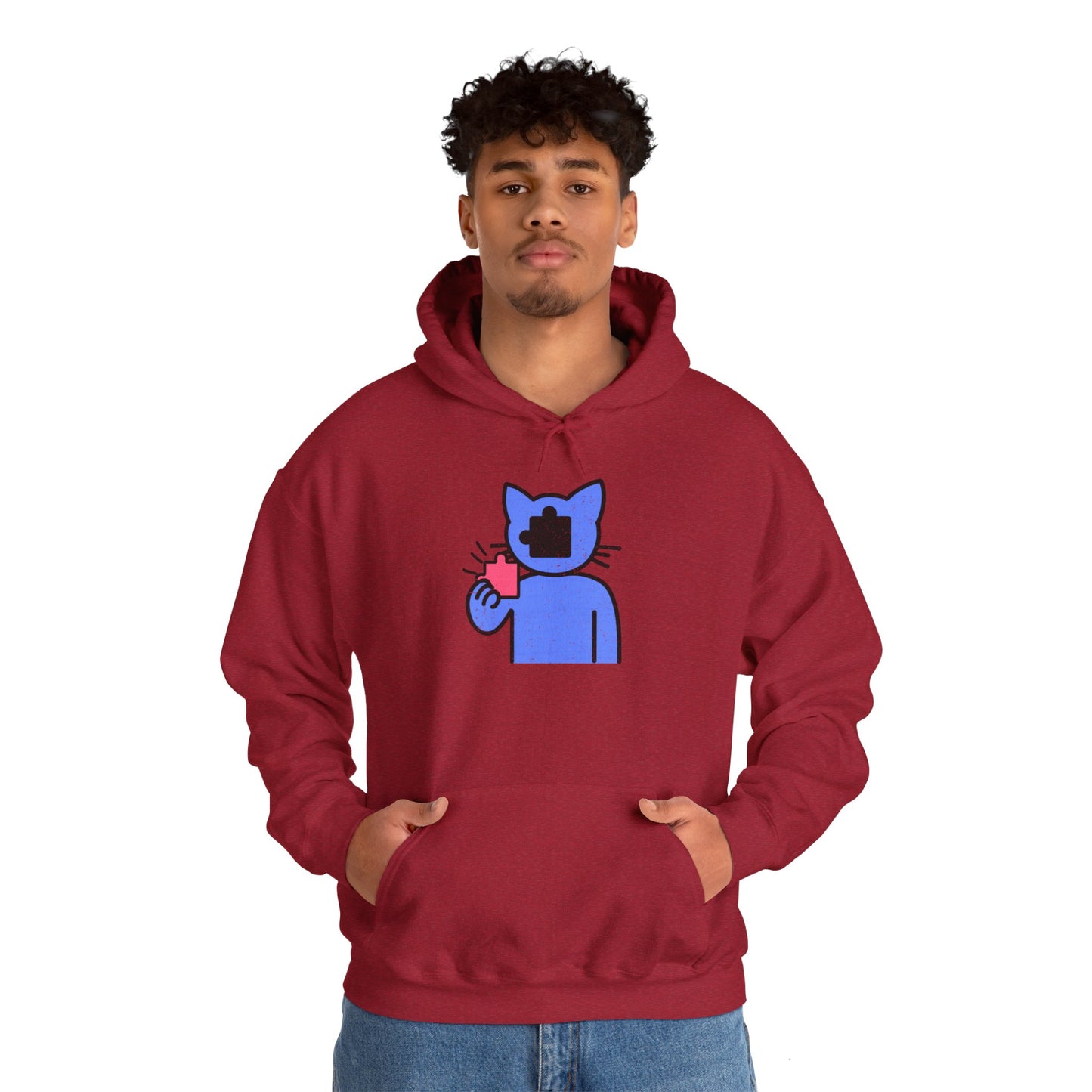 Cat Puzzle Piece Hoodie – Distressed Graphic Pullover – Cozy Unisex Hooded Sweatshirt for Puzzle Lovers