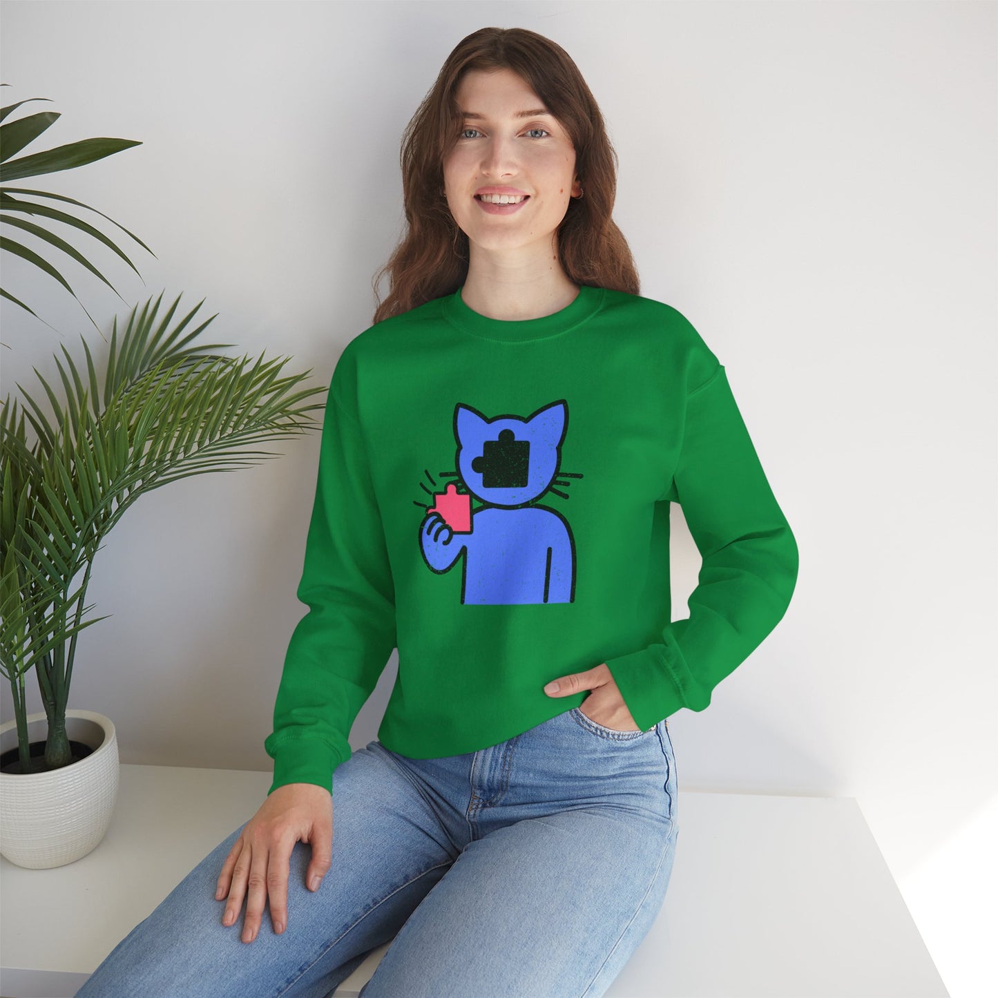 Cat Puzzle Piece Sweatshirt – Distressed Graphic Crewneck – Cozy Unisex Fleece for Life’s Puzzle Lovers