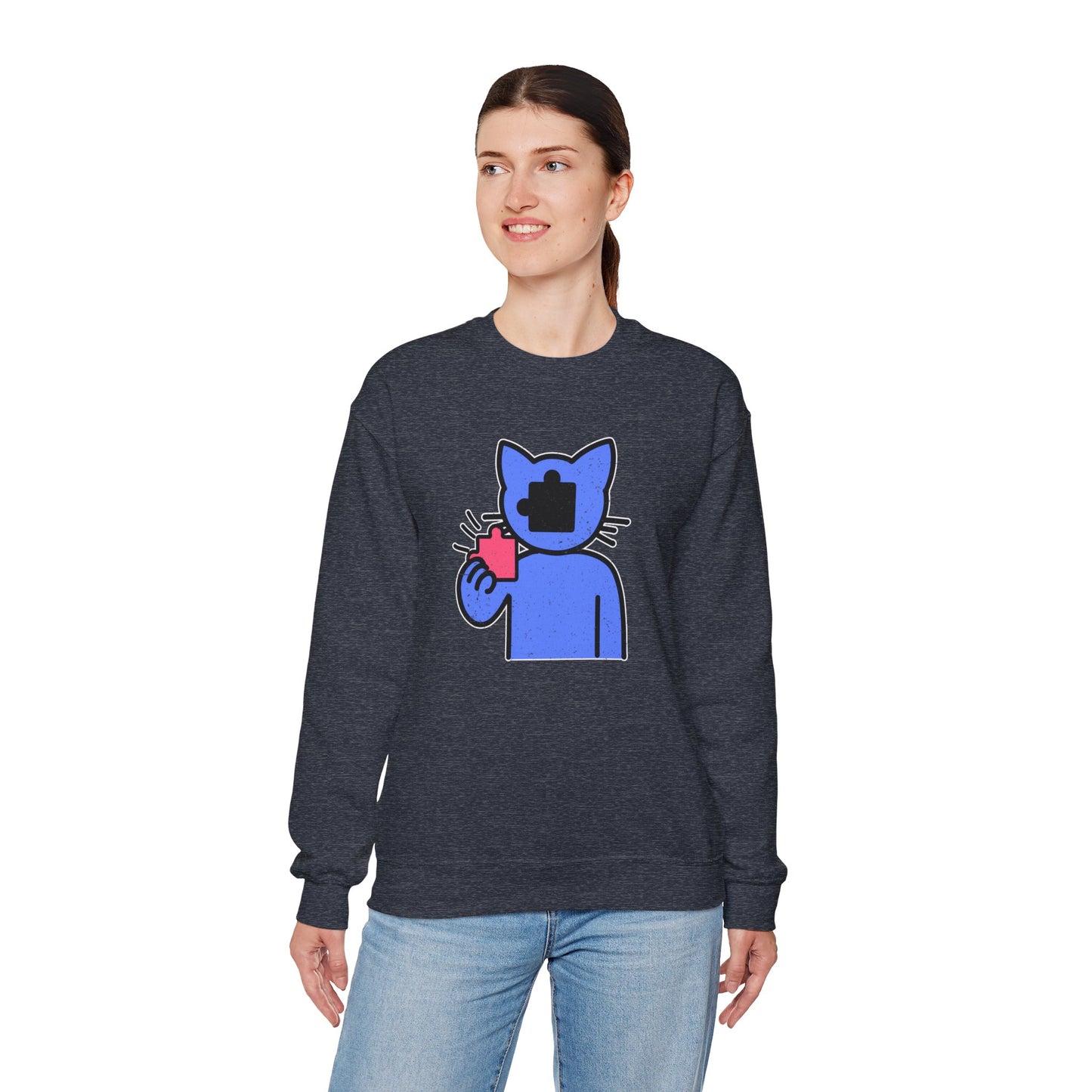 Cat Puzzle Piece Sweatshirt – Distressed Graphic Crewneck – Cozy Unisex Fleece for Life’s Puzzle Lovers