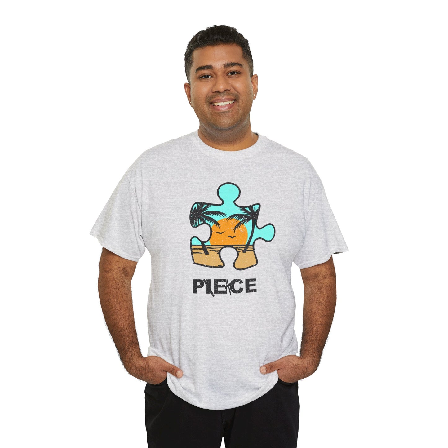 Peace Puzzle Piece T-Shirt – Distressed Beach Graphic Tee – Unisex Heavy Cotton Shirt for Tranquil Vibes