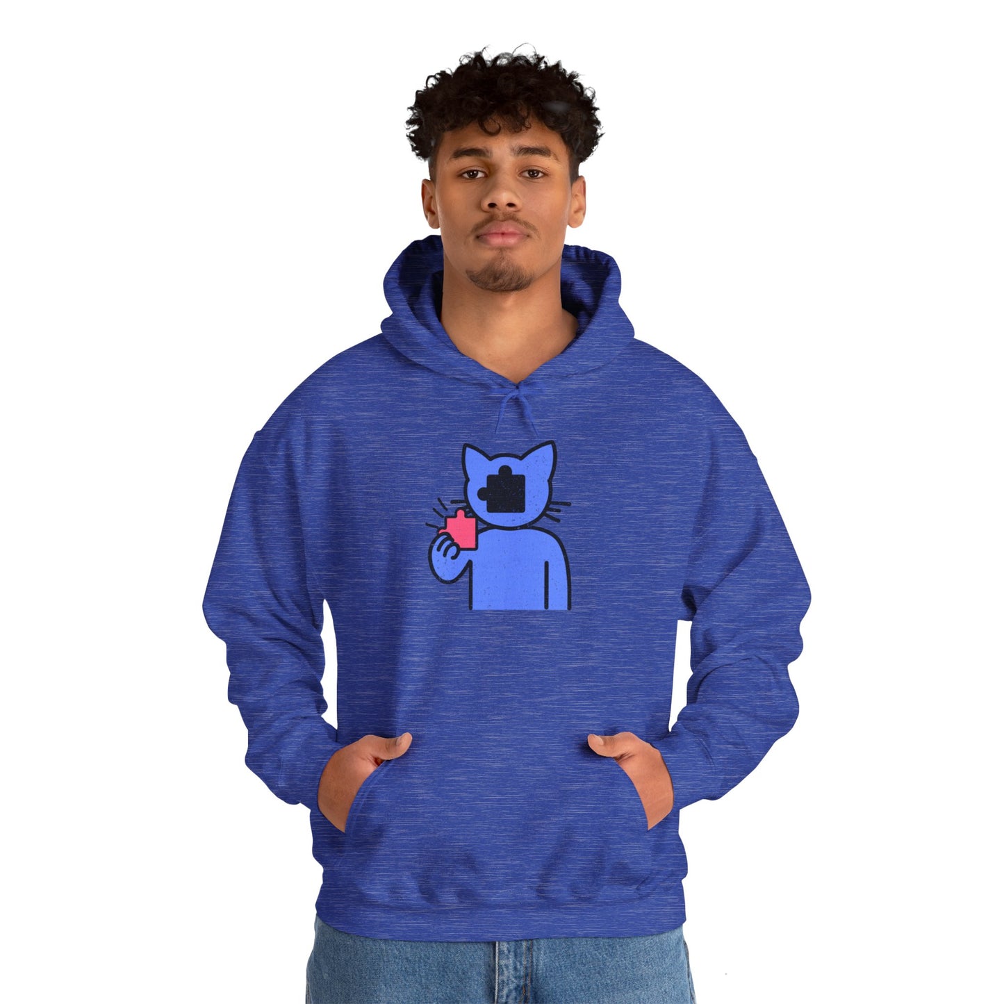 Cat Puzzle Piece Hoodie – Distressed Graphic Pullover – Cozy Unisex Hooded Sweatshirt for Puzzle Lovers