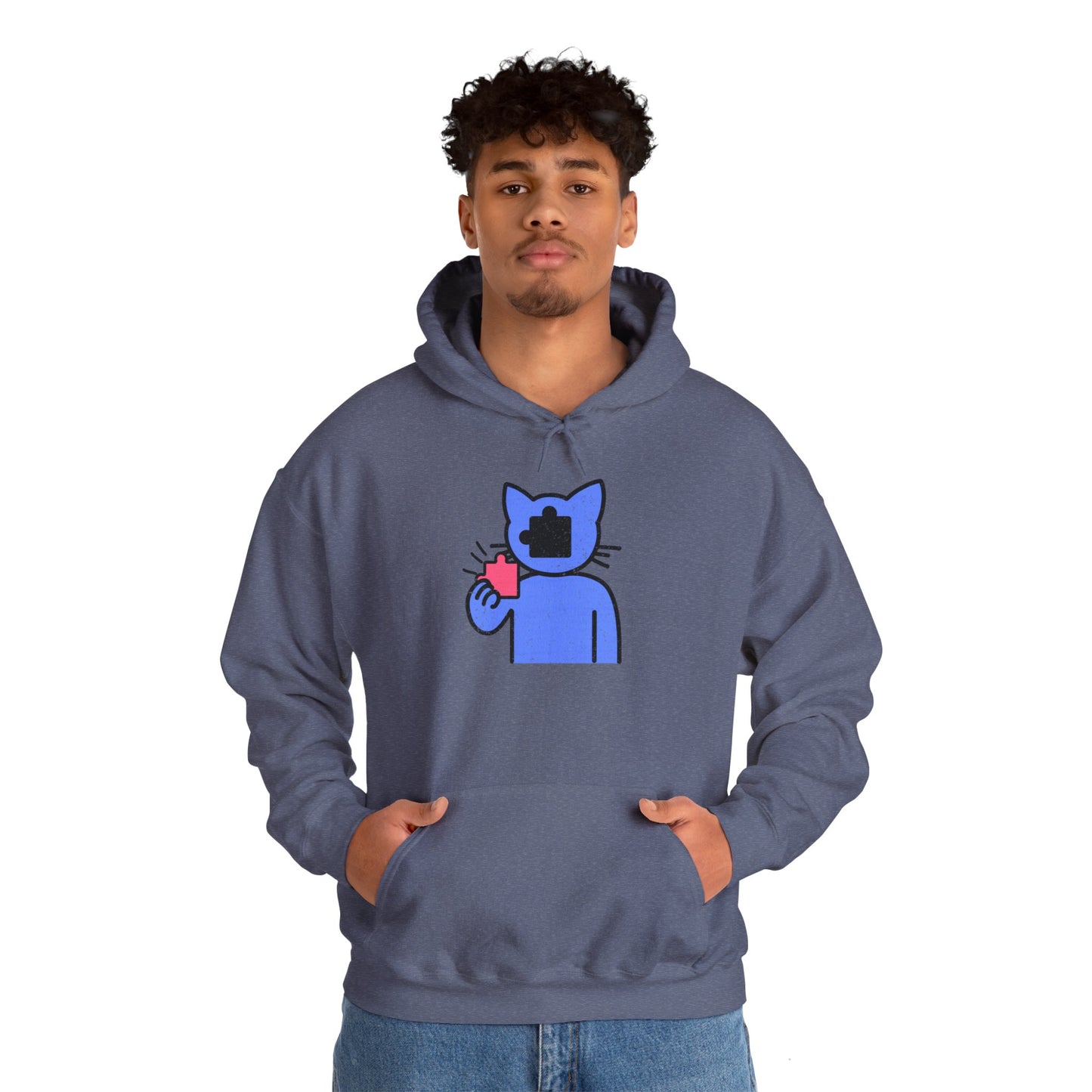 Cat Puzzle Piece Hoodie – Distressed Graphic Pullover – Cozy Unisex Hooded Sweatshirt for Puzzle Lovers