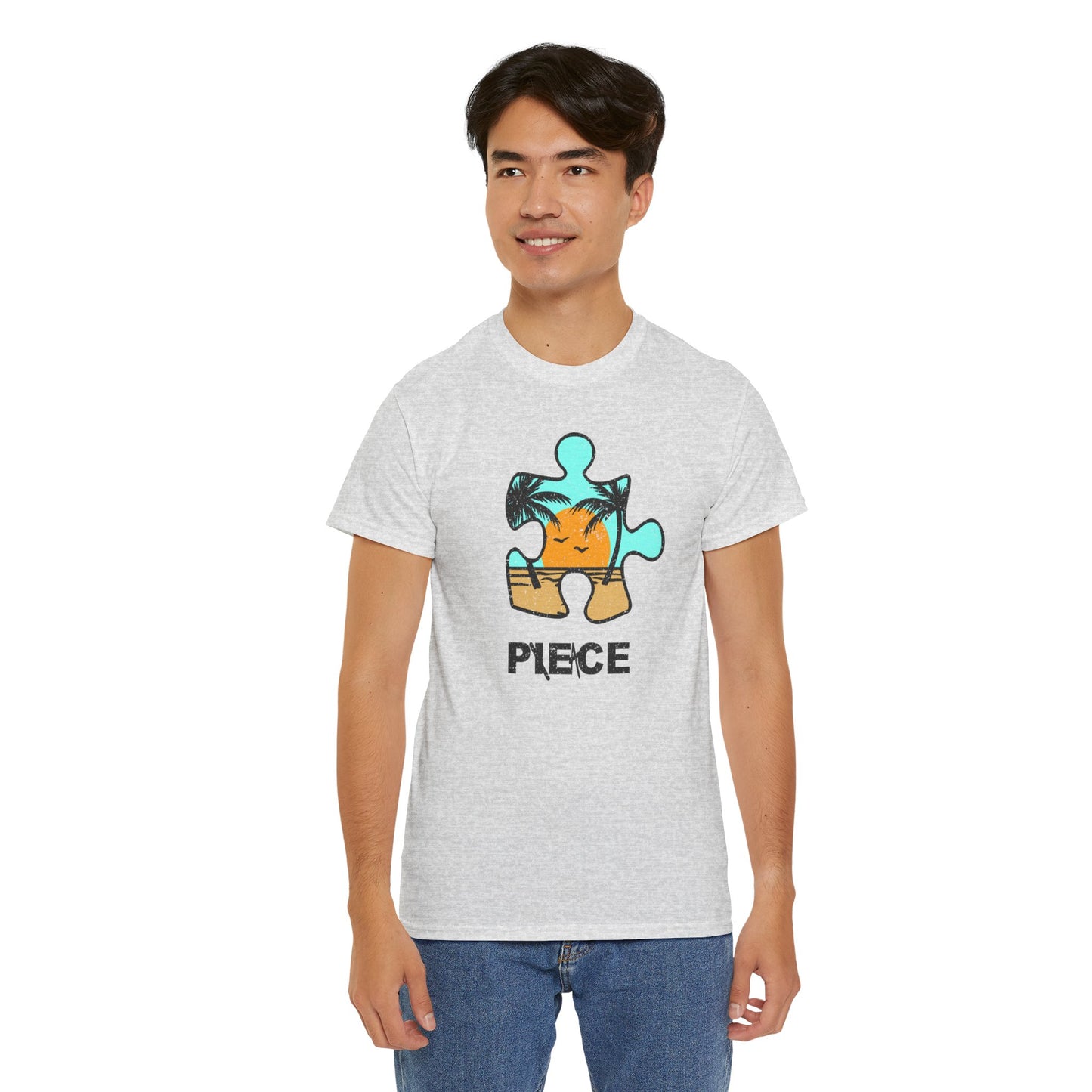 Peace Puzzle Piece T-Shirt – Distressed Beach Graphic Tee – Unisex Heavy Cotton Shirt for Tranquil Vibes
