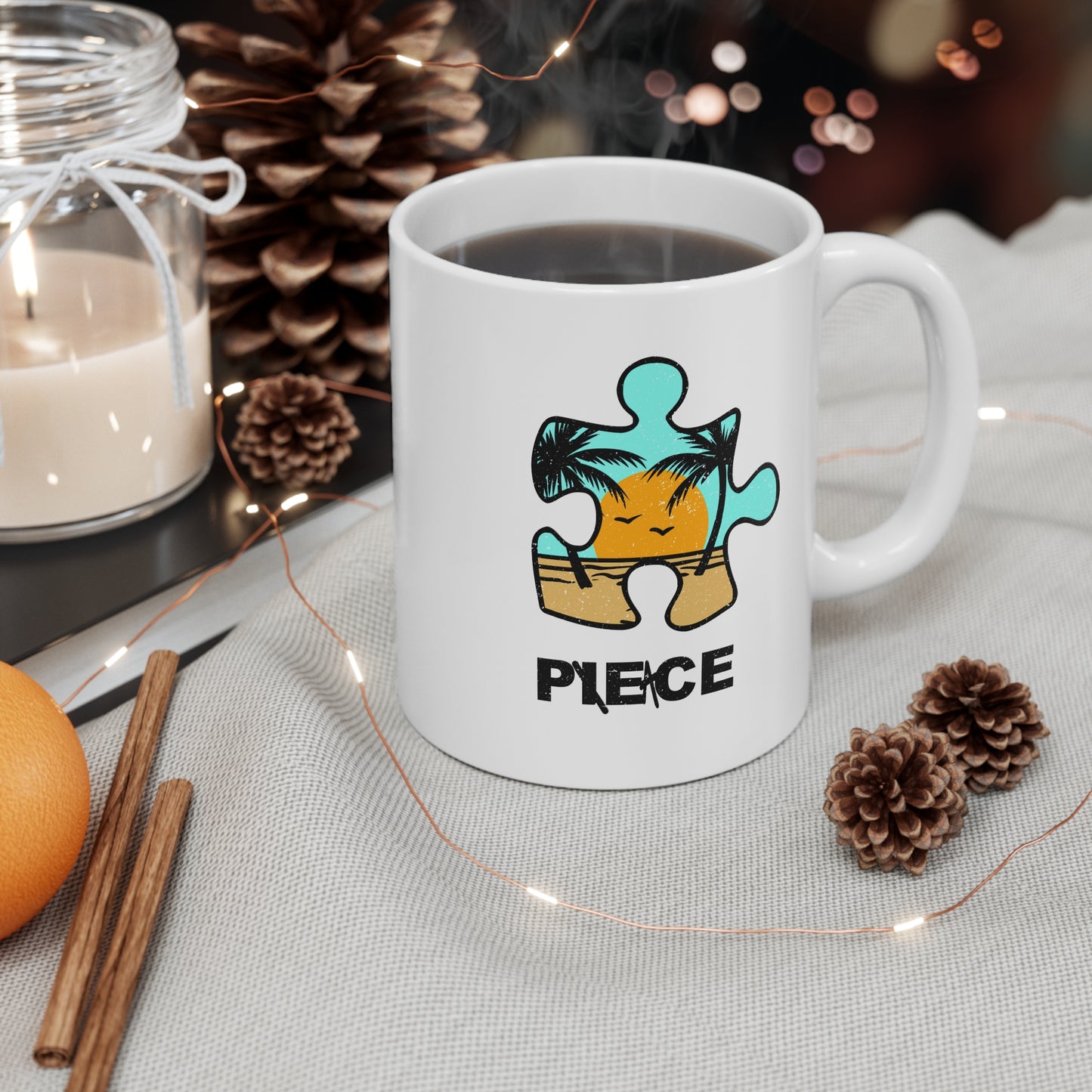 Distressed Peace Puzzle Piece Mug – Sunny Beach Graphic – White Ceramic Coffee Cup for Vintage Vibes