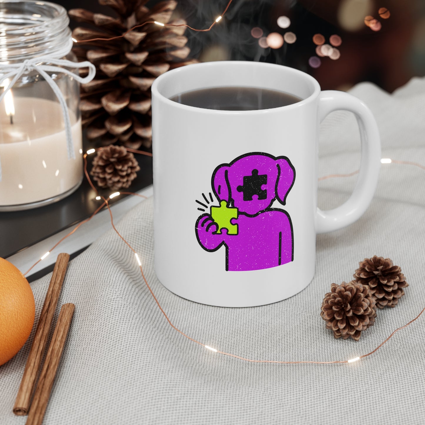 Dog Puzzle Piece Mug in Distressed Style – Thoughtful Pup Graphic Ceramic Cup – 11oz