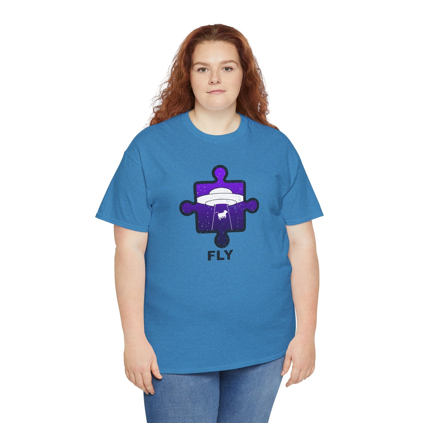 UFO Cow Abduction T-Shirt – ‘Fly’ Puzzle Piece Graphic Tee – Unisex Heavy Cotton Shirt Distressed Design