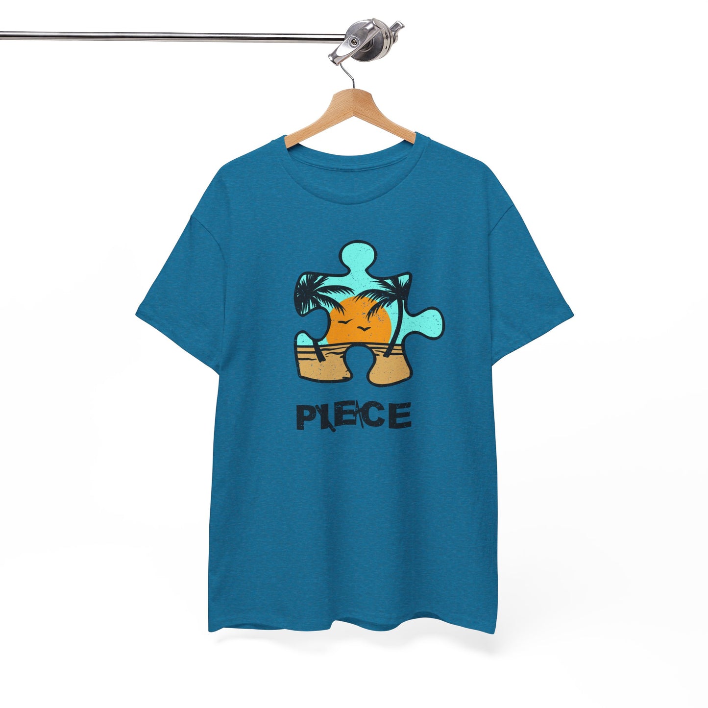 Peace Puzzle Piece T-Shirt – Distressed Beach Graphic Tee – Unisex Heavy Cotton Shirt for Tranquil Vibes