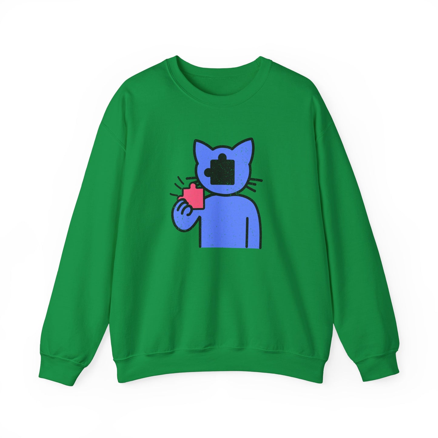 Cat Puzzle Piece Sweatshirt – Distressed Graphic Crewneck – Cozy Unisex Fleece for Life’s Puzzle Lovers