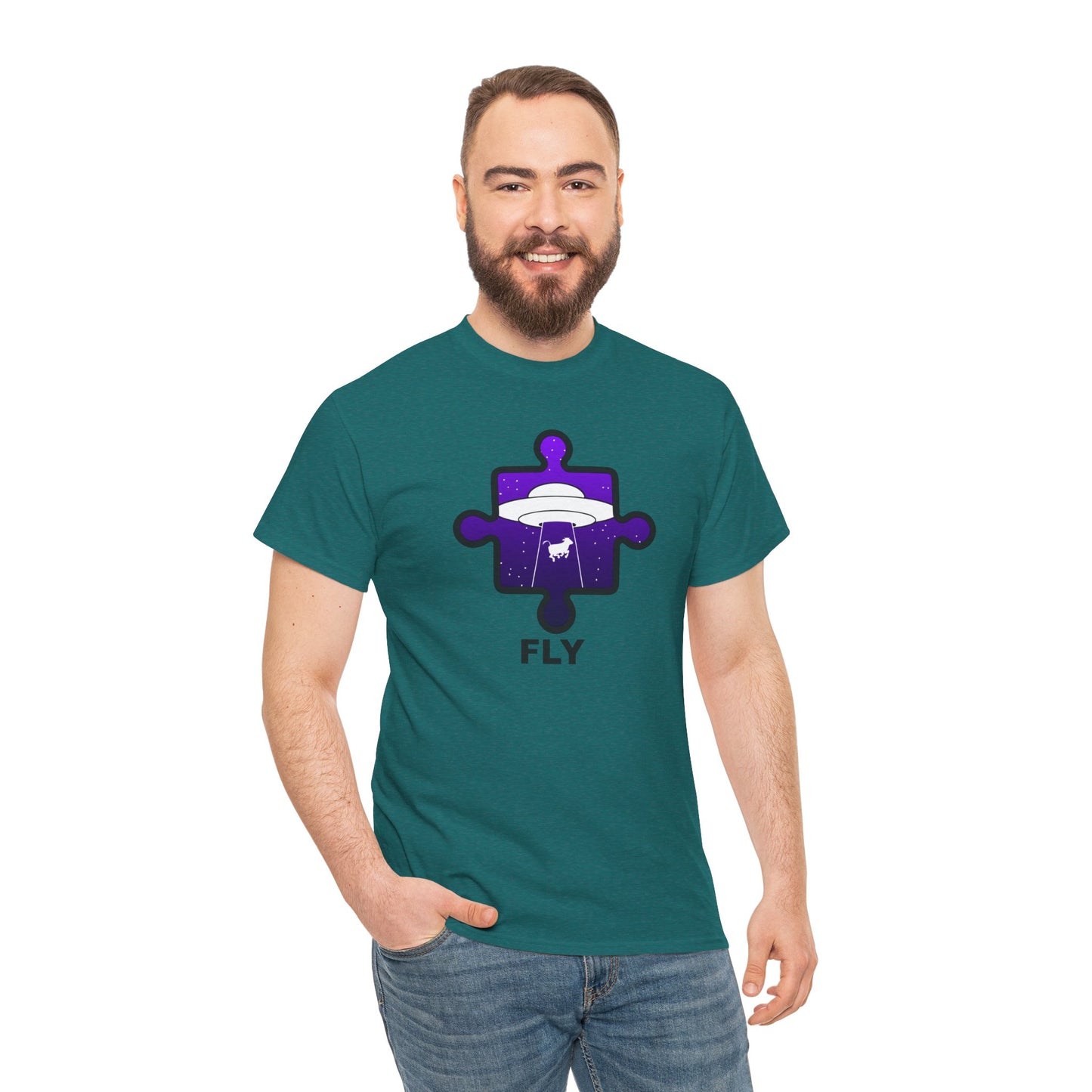 UFO Cow Abduction Puzzle Piece T-Shirt – ‘Fly’ Graphic Tee – Non-Distressed Design