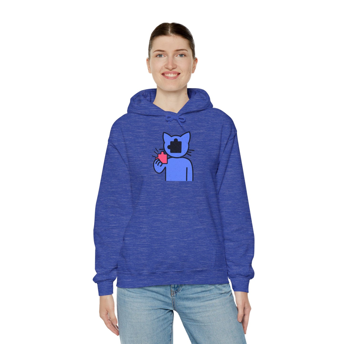 Cat Puzzle Piece Hoodie – Distressed Graphic Pullover – Cozy Unisex Hooded Sweatshirt for Puzzle Lovers