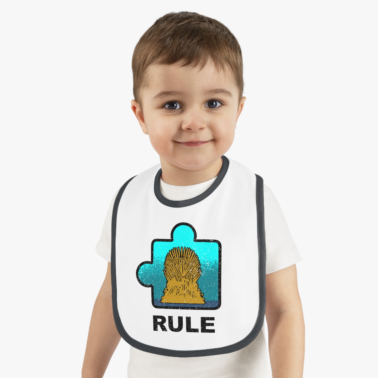 Rule Baby Bib – Puzzle Piece Design with Distressed Look – Soft Contrast Trim Jersey Bib