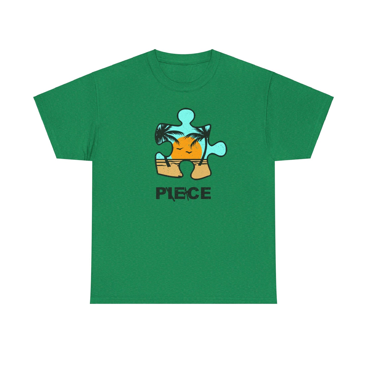 Peace Puzzle Piece T-Shirt – Distressed Beach Graphic Tee – Unisex Heavy Cotton Shirt for Tranquil Vibes