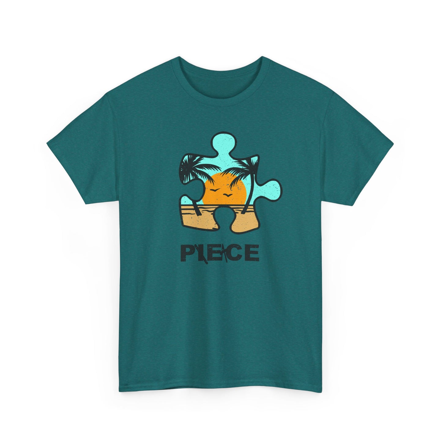 Peace Puzzle Piece T-Shirt – Distressed Beach Graphic Tee – Unisex Heavy Cotton Shirt for Tranquil Vibes
