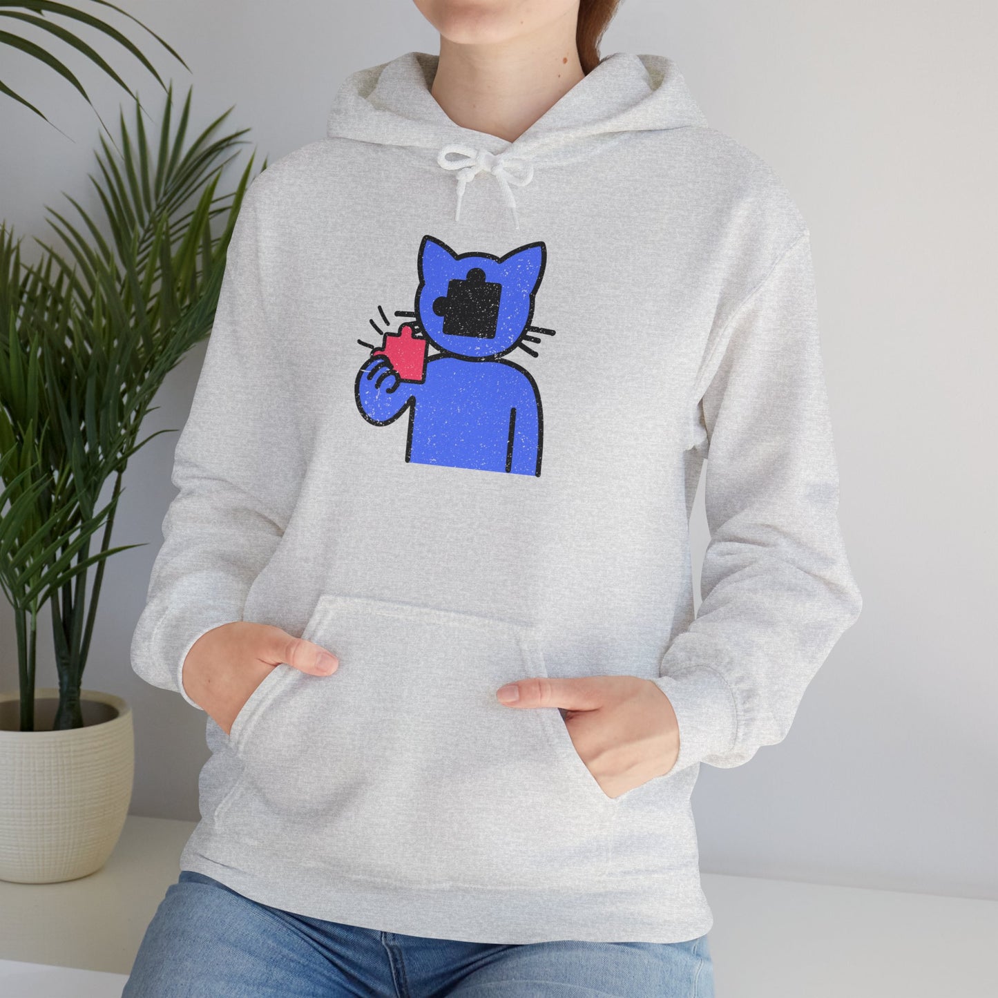 Cat Puzzle Piece Hoodie – Distressed Graphic Pullover – Cozy Unisex Hooded Sweatshirt for Puzzle Lovers