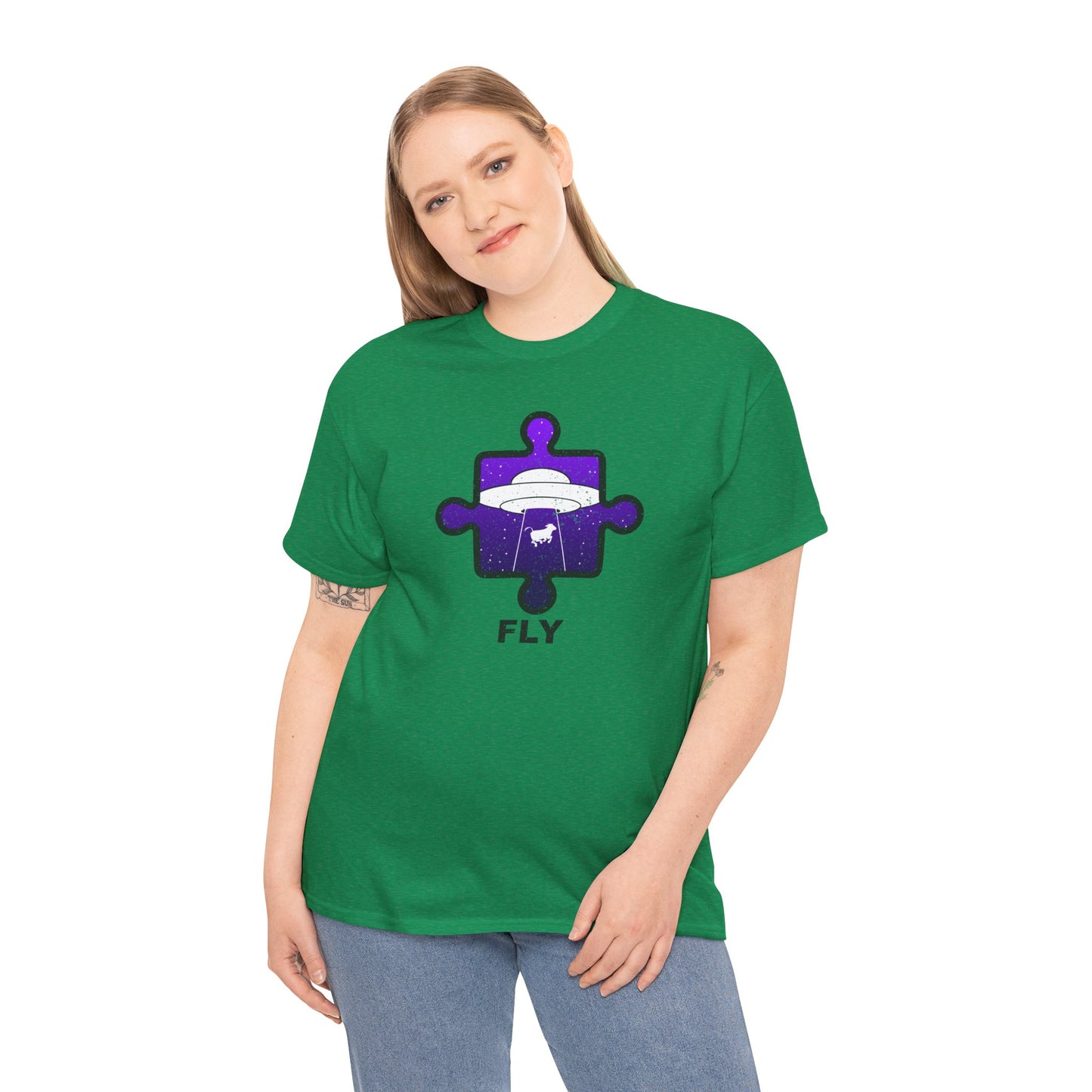 UFO Cow Abduction T-Shirt – ‘Fly’ Puzzle Piece Graphic Tee – Unisex Heavy Cotton Shirt Distressed Design